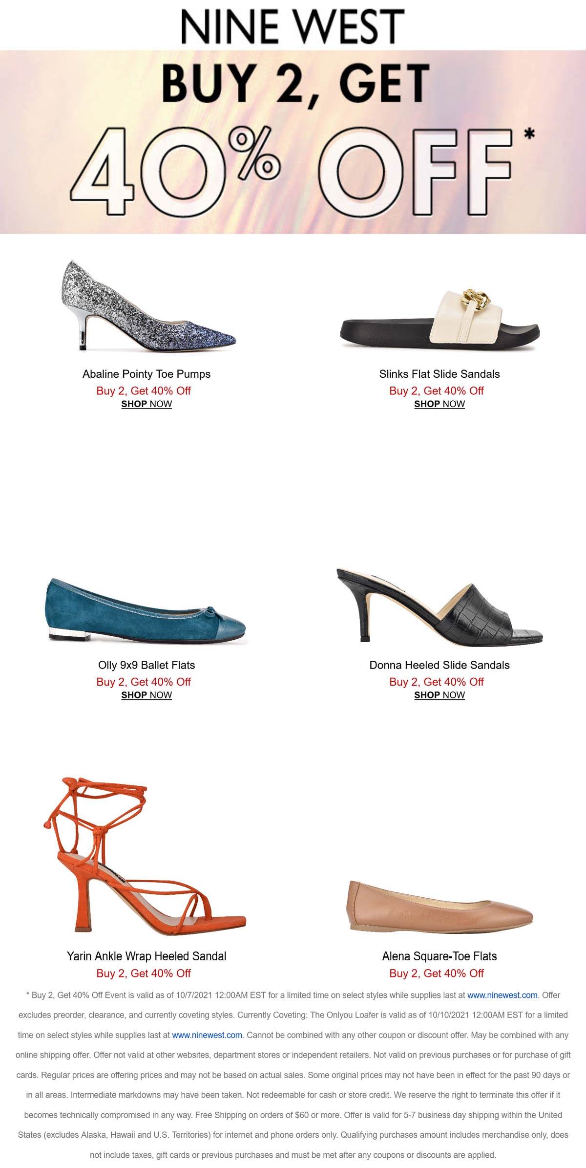 Nine West stores Coupon  40% off 2+ pair shoes today at Nine West #ninewest 