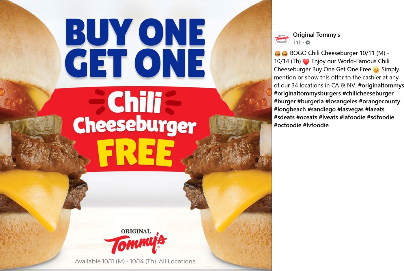 Original Tommys restaurants Coupon  Second chili cheeseburger free at Original Tommys restaurants #originaltommys 