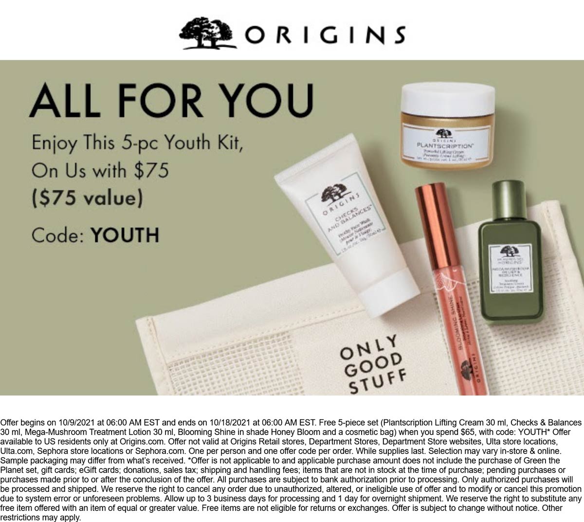 Origins stores Coupon  Free 5-piece set with $65 spent at Origins via promo code YOUTH #origins 