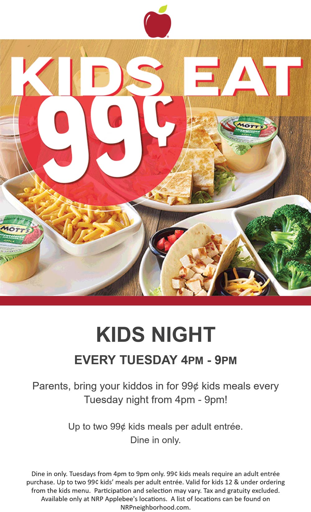 Applebees restaurants Coupon  $1 kids meals today 4-9p at Applebees restaurants #applebees 