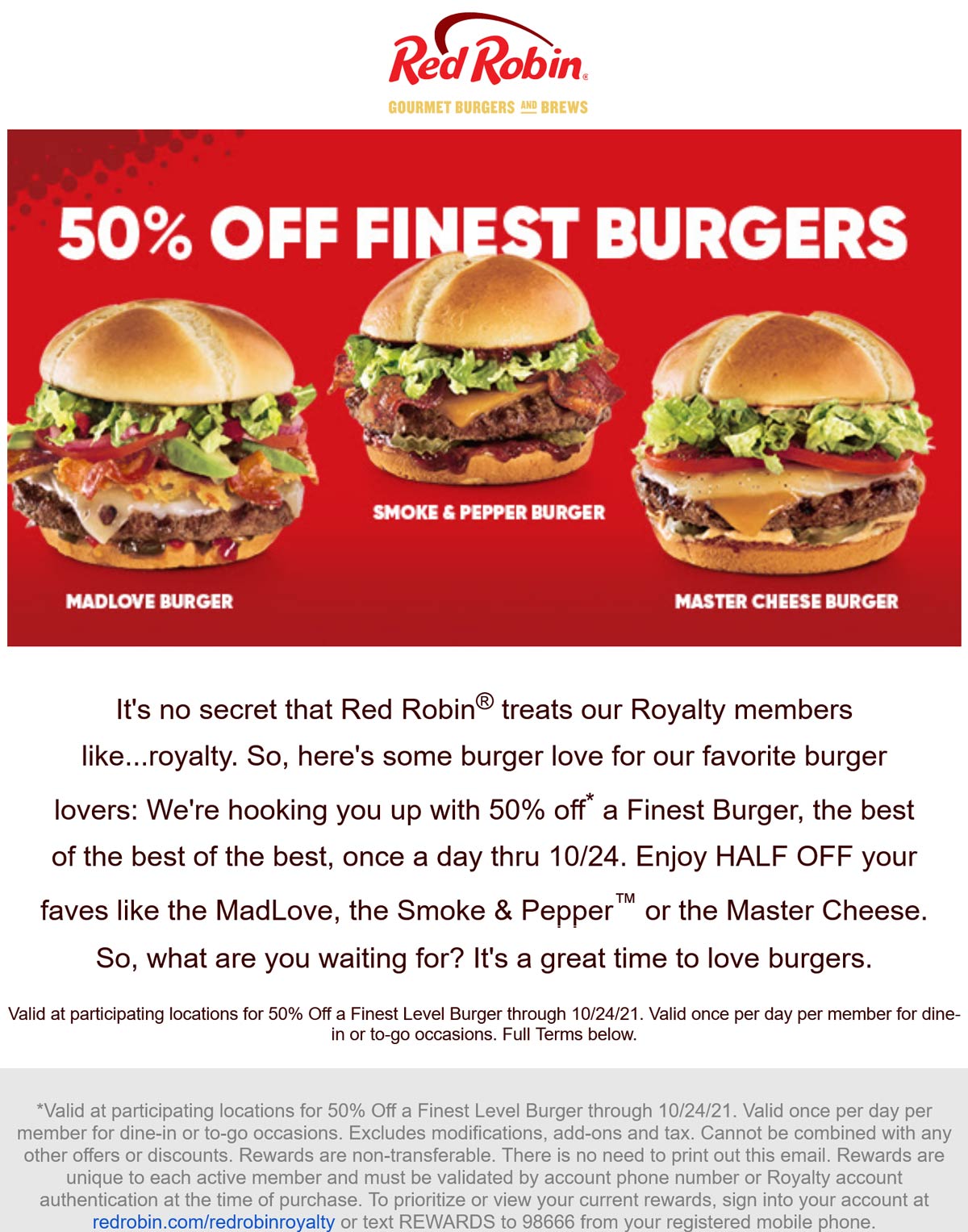 50 off cheeseburgers at Red Robin restaurants for royalty redrobin