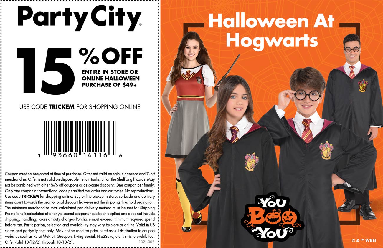 Party City stores Coupon  15% off $49 on Halloween at Party City, or online via promo code TRICKEM #partycity 