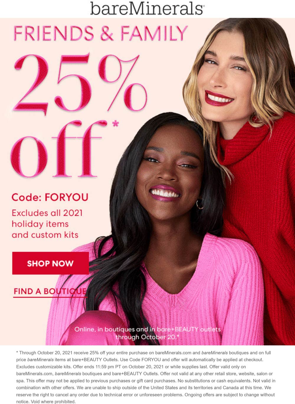 bareMinerals stores Coupon  25% off at bareMinerals, or online via promo code FORYOU #bareminerals 