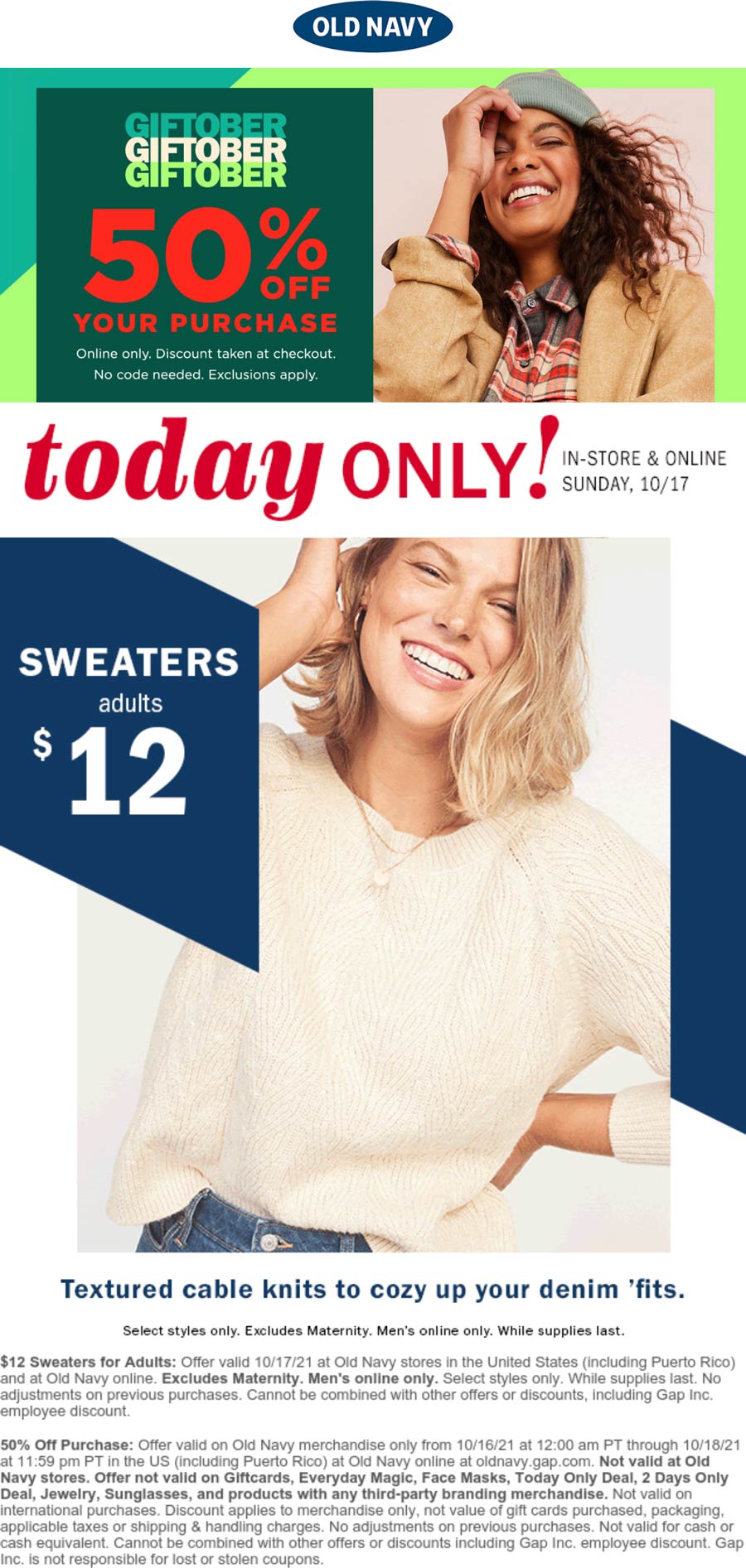 Old Navy stores Coupon  $12 sweaters today & 50% off online at Old Navy #oldnavy 