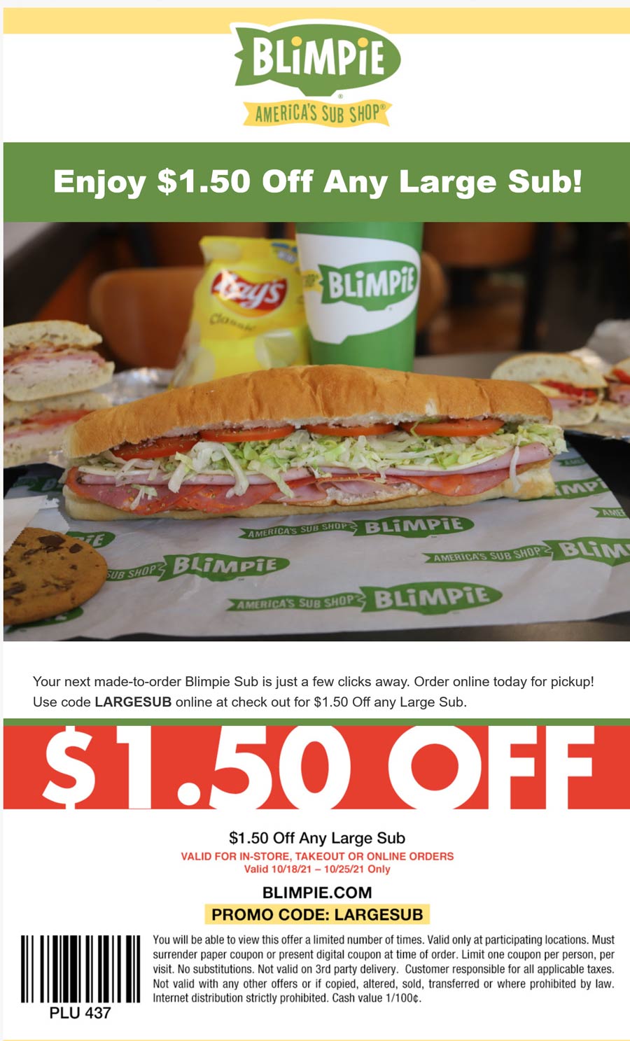 Blimpie restaurants Coupon  $1.50 off a large sub sandwich at Blimpie via promo code LARGESUB #blimpie 