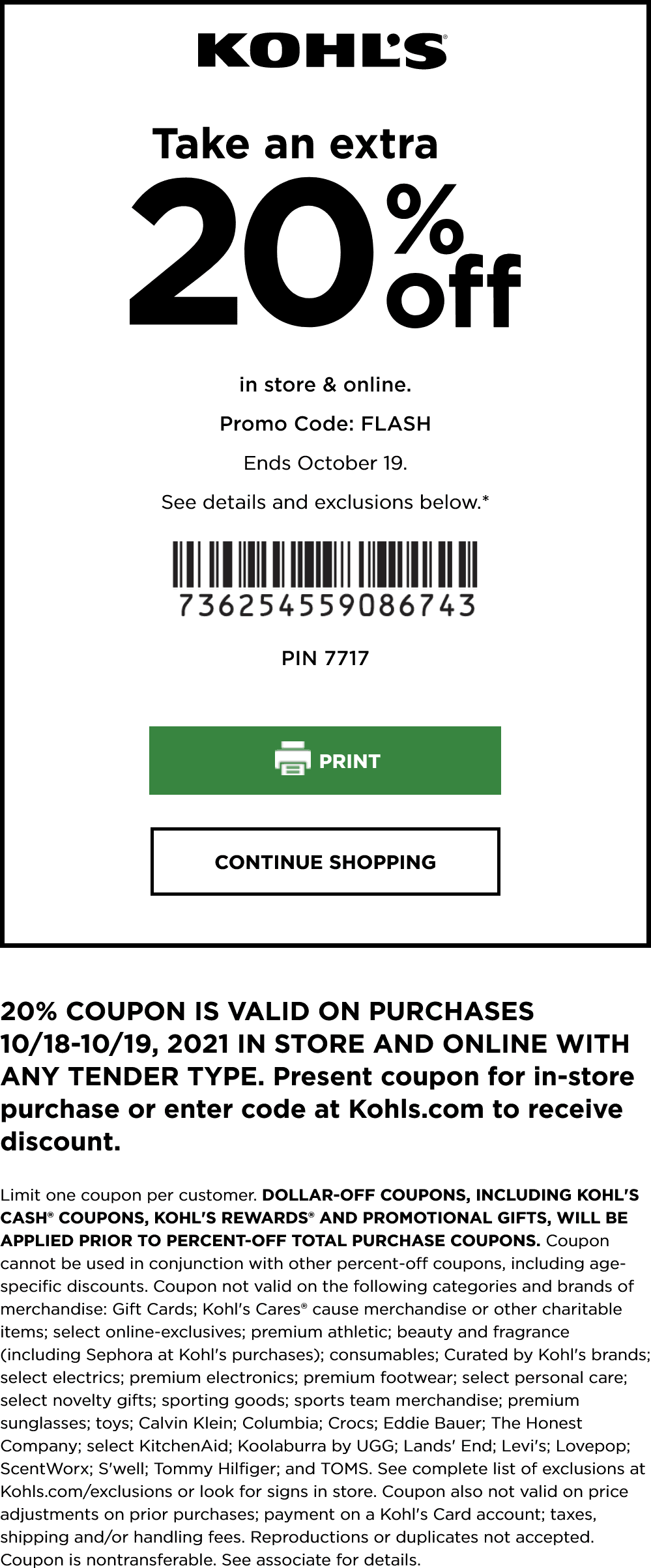 Kohls stores Coupon  Extra 20% off at Kohls, or online via promo code FLASH #kohls 