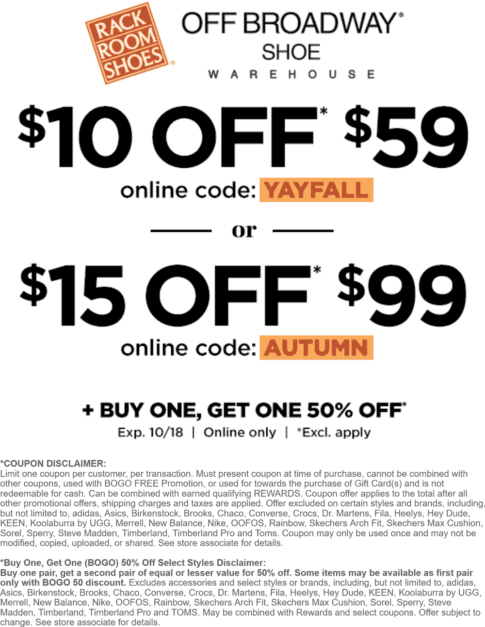 Rack Room Shoes stores Coupon  $10-$15 off $59+ today at Rack Room Shoes & Off Broadway Shoe Warehouse via promo code YAYFALL #rackroomshoes 