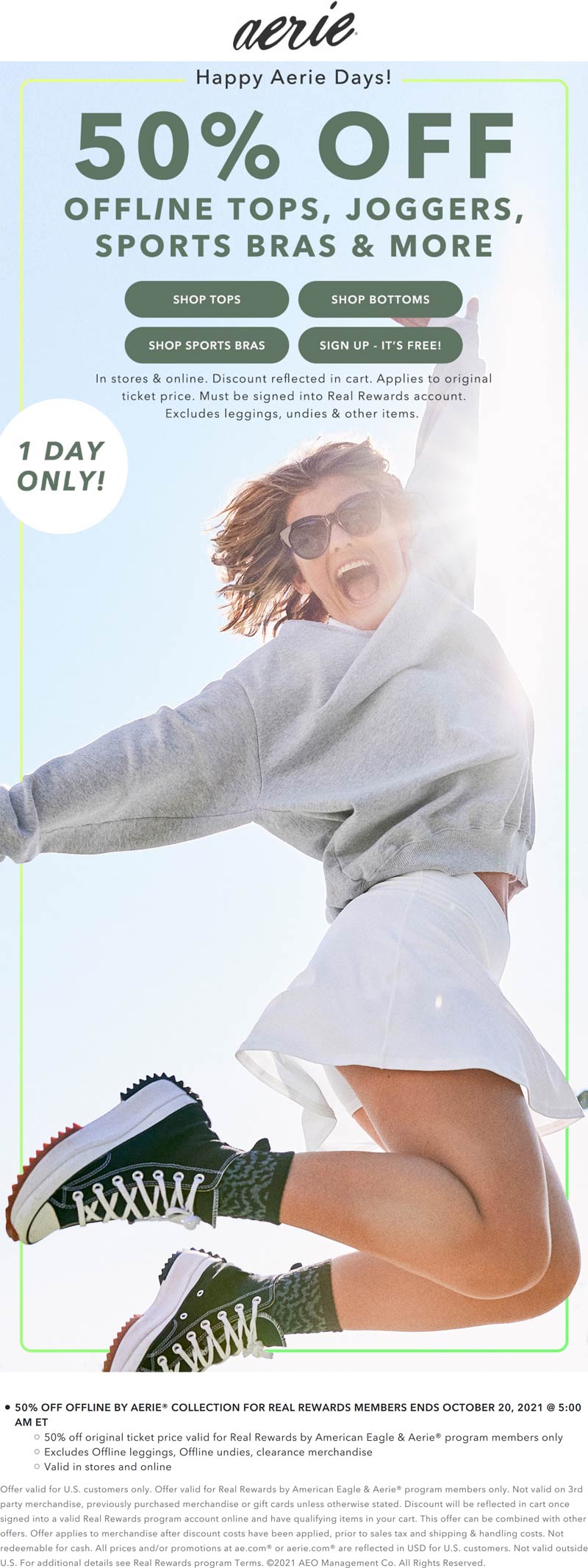 Aerie stores Coupon  50% off Offline collection today at Aerie, ditto online #aerie 