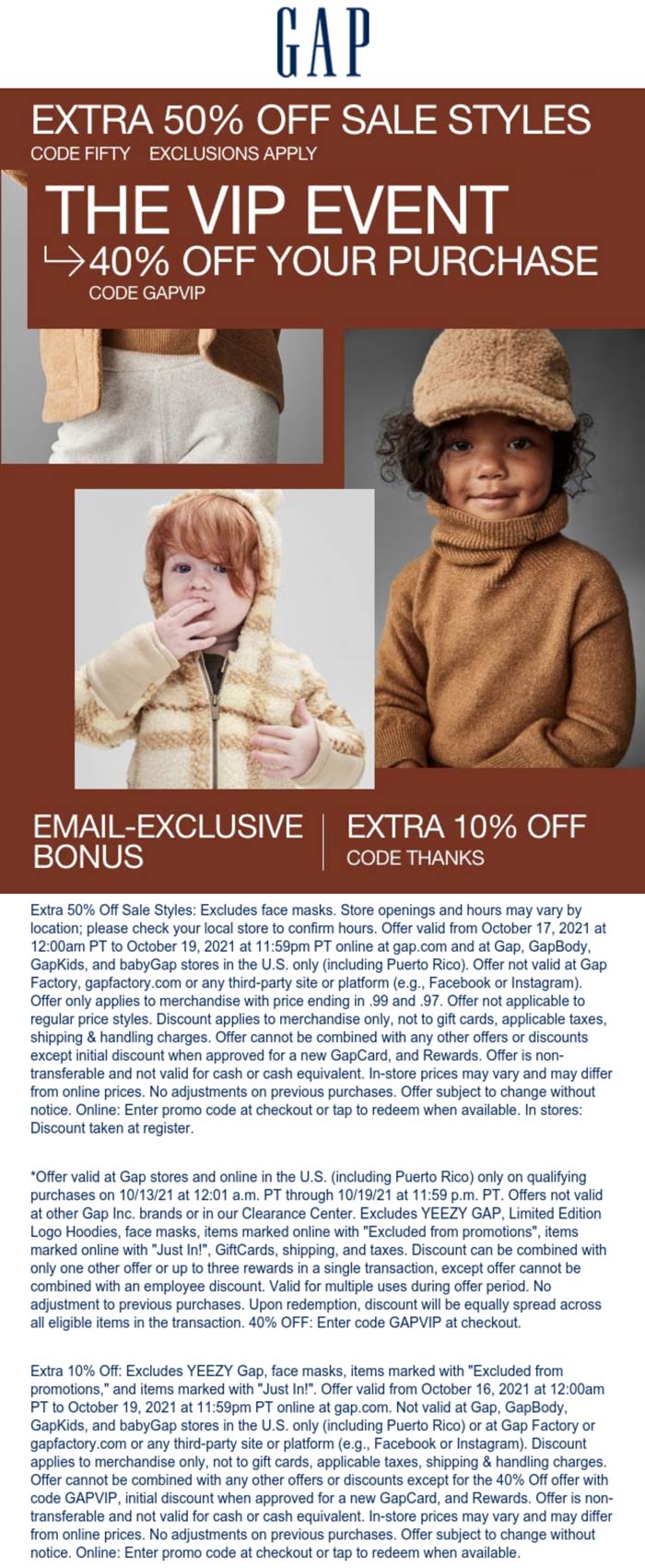 Gap stores Coupon  40% off regular & extra 50% off sale items today at Gap, or online via promo code FIFTY #gap 