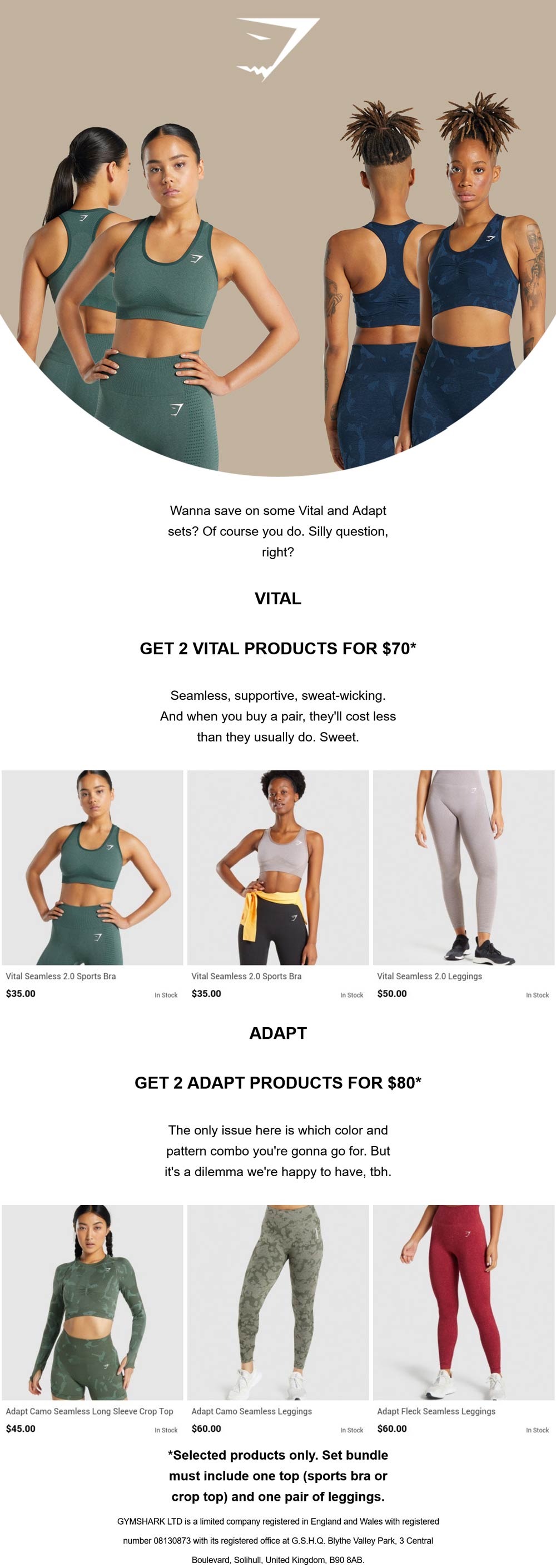 Gymshark stores Coupon  2 vital products set for $70 or 2 adapt for $80 at Gymshark #gymshark 