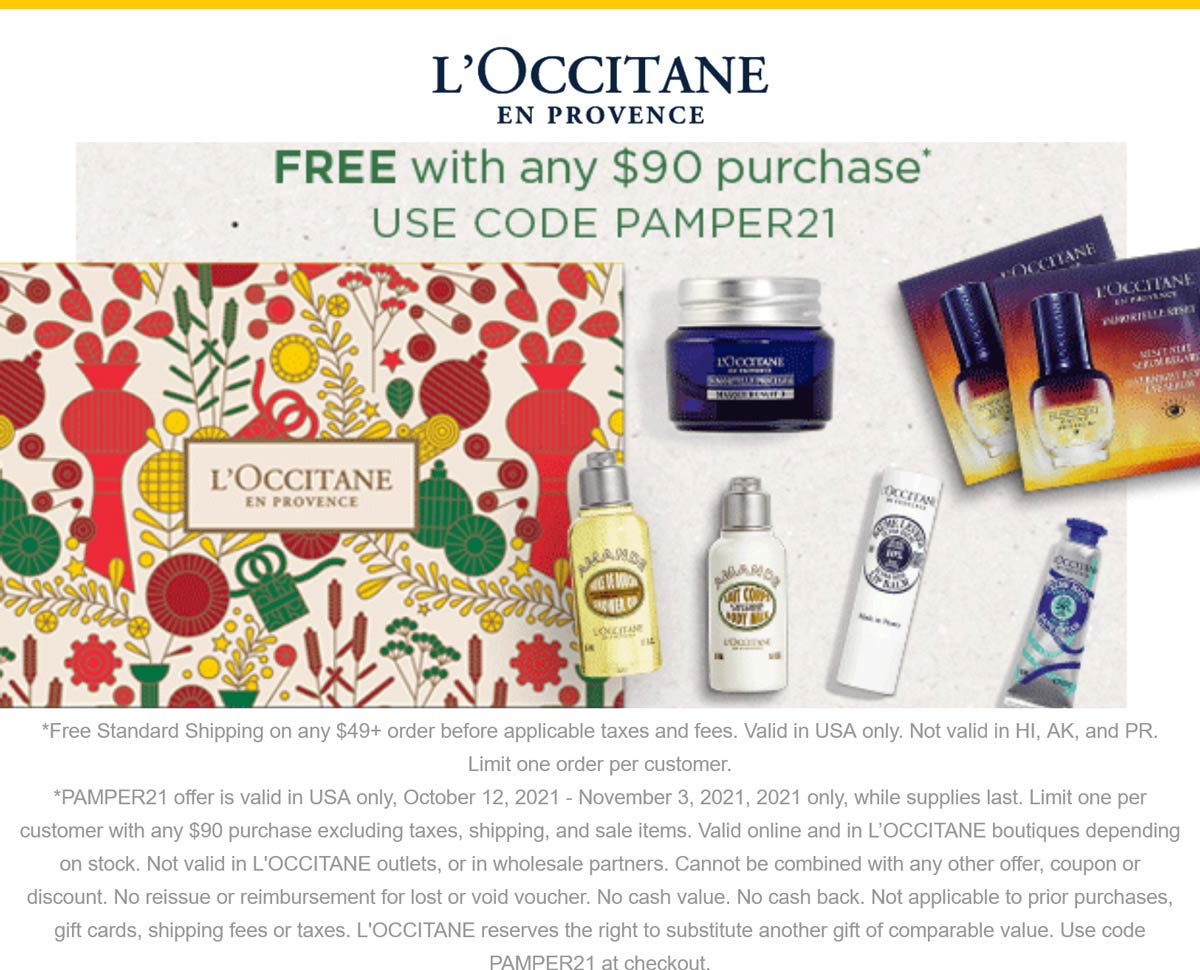 LOccitane stores Coupon  Free 7-piece set with $90 spent at LOccitane via promo code PAMPER21 #loccitane 