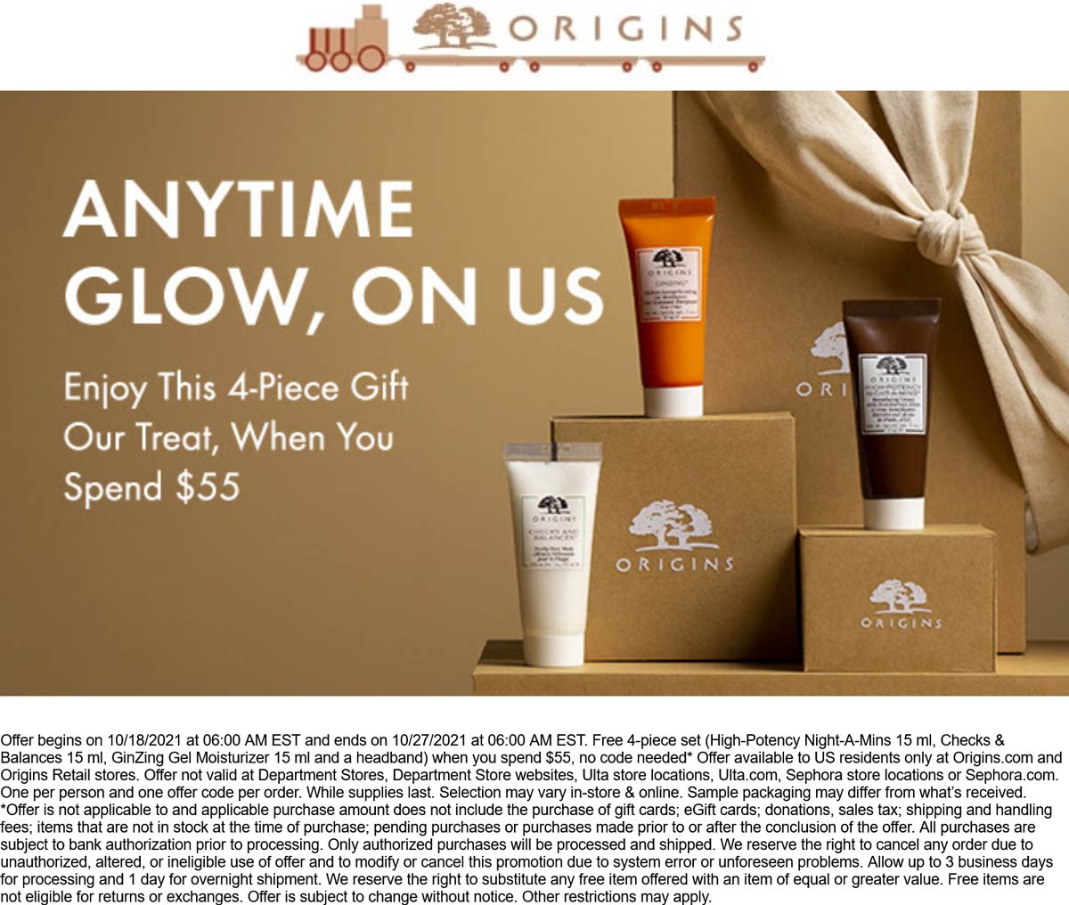 Origins stores Coupon  4-piece set free with $55 spent at Origins, ditto online #origins 