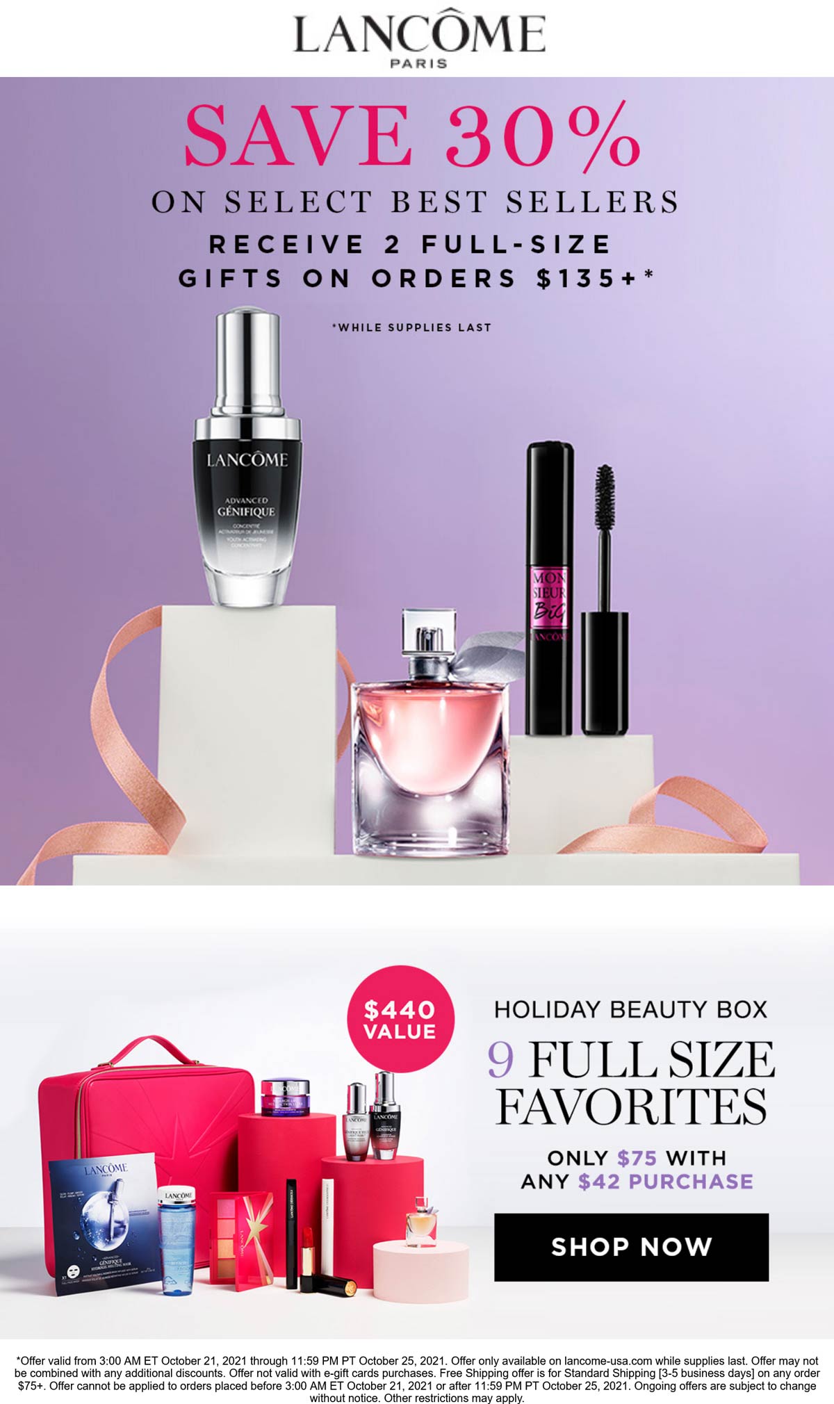 Lancome stores Coupon  30% off + 2 free full size on $135 at Lancome cosmetics #lancome 