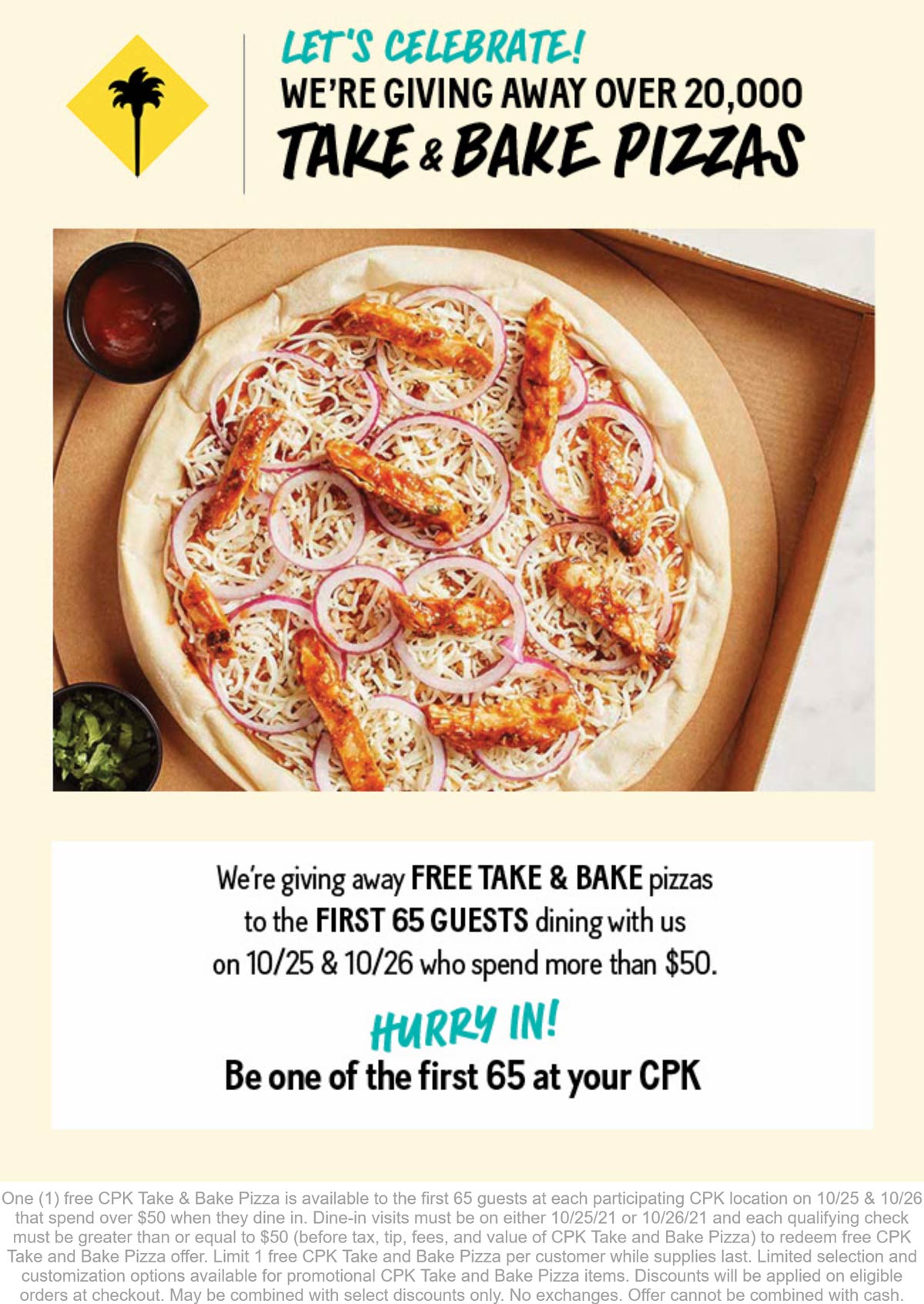 California Pizza Kitchen restaurants Coupon  First 65 spending $50 get a free pizza Mon & Tues at California Pizza Kitchen #californiapizzakitchen 