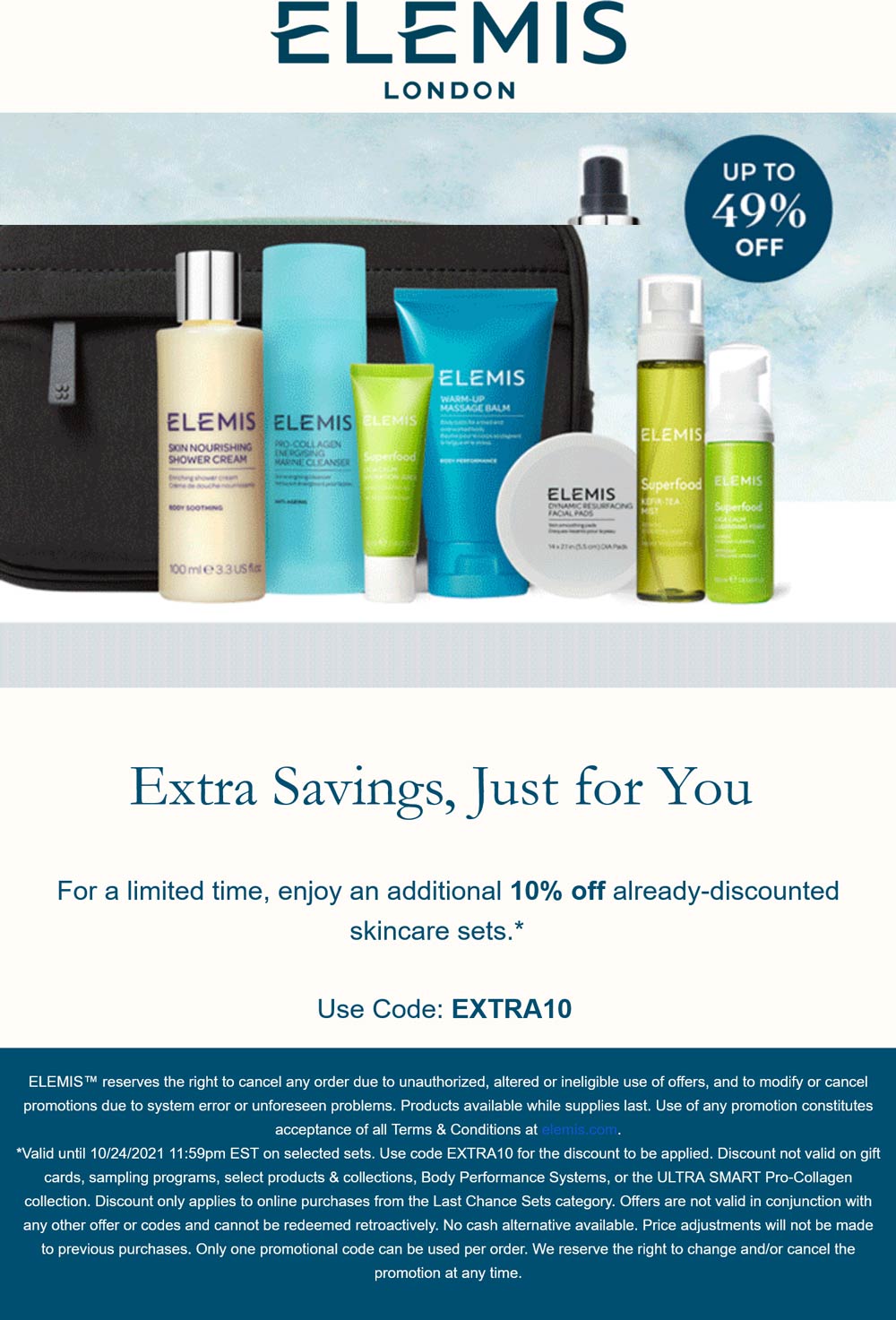 Elemis stores Coupon  Extra 10% off sale sets at Elemis cosmetics via promo code EXTRA10 #elemis 