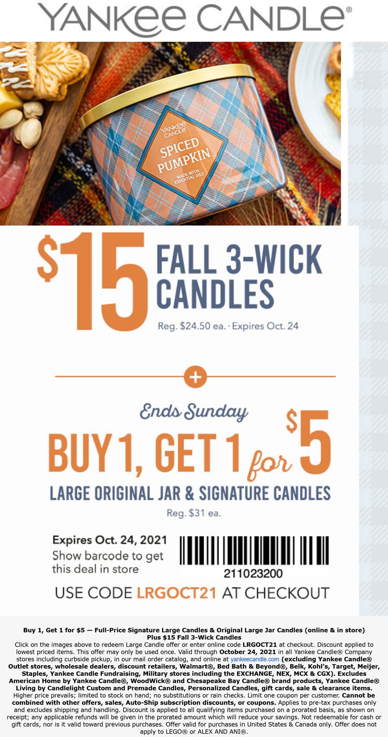 Yankee Candle stores Coupon  Second large candle $5 at Yankee Candle, or online via promo code LRGOCT21 #yankeecandle 