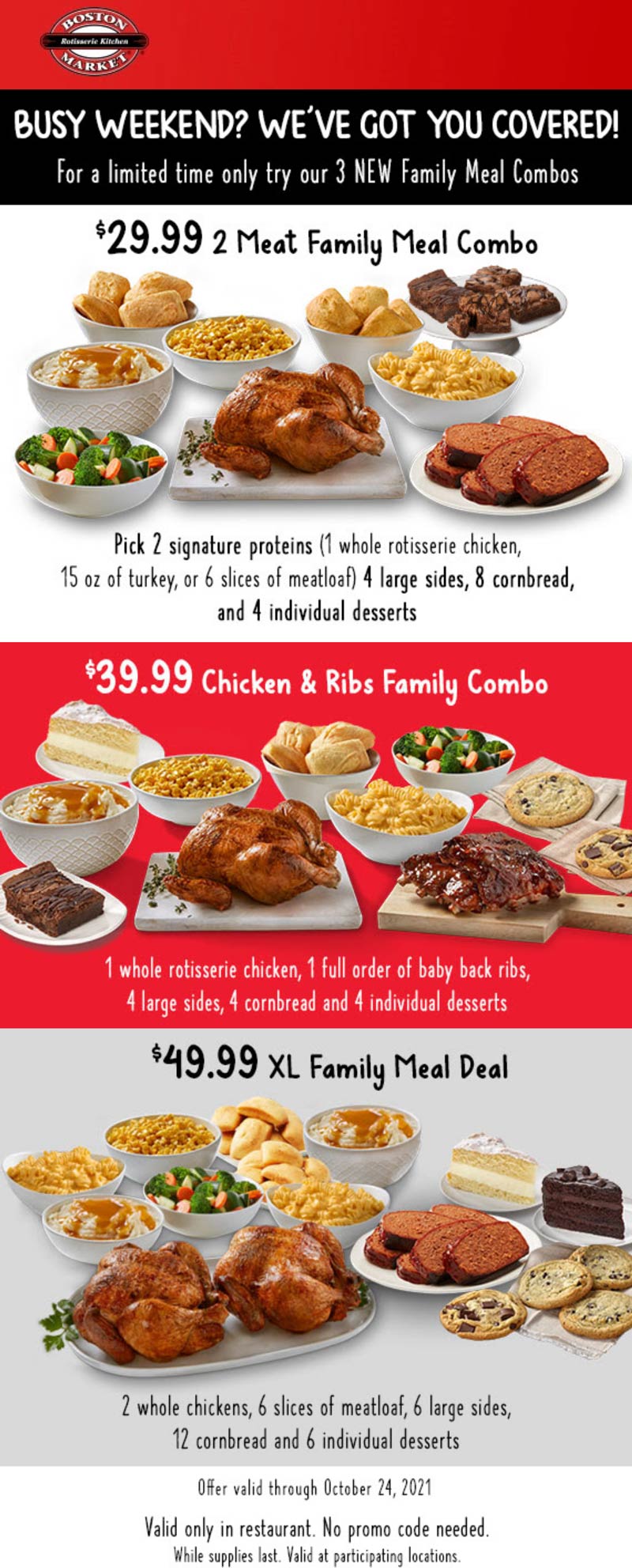 Various family meal deals at Boston Market bostonmarket The Coupons App®