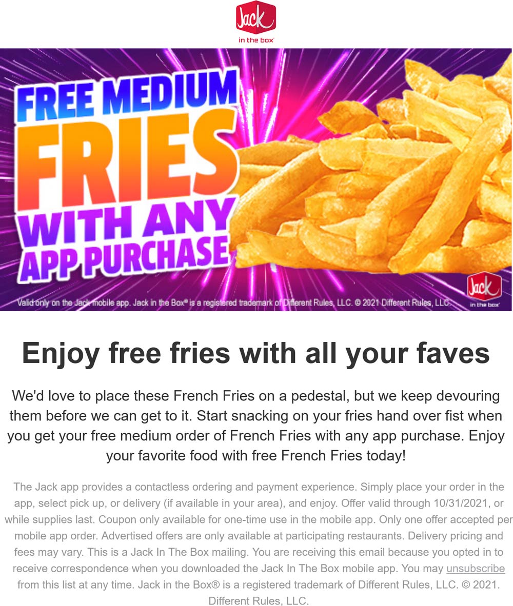 Jack in the Box restaurants Coupon  Free fries with any mobile order at Jack in the Box restaurants #jackinthebox 