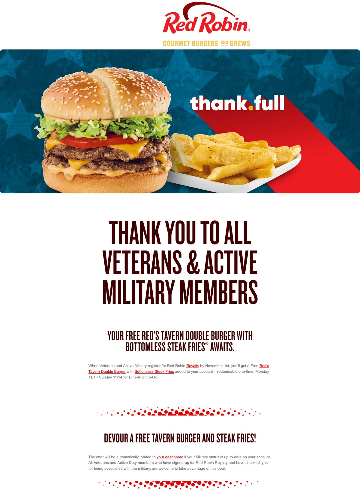 Red Robin restaurants Coupon  Veterans & active enjoy a free double cheeseburger + bottomless fries at Red Robin #redrobin 