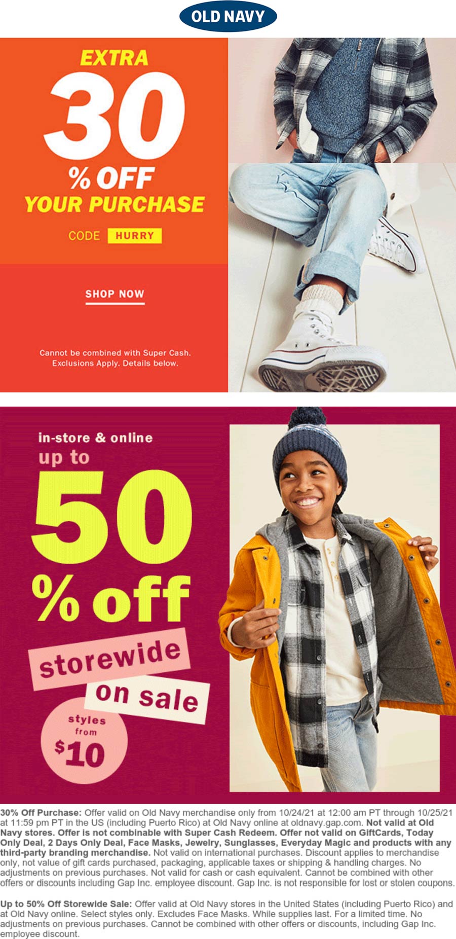 Old Navy stores Coupon  30%-50% off online today at Old Navy via promo code HURRY #oldnavy 