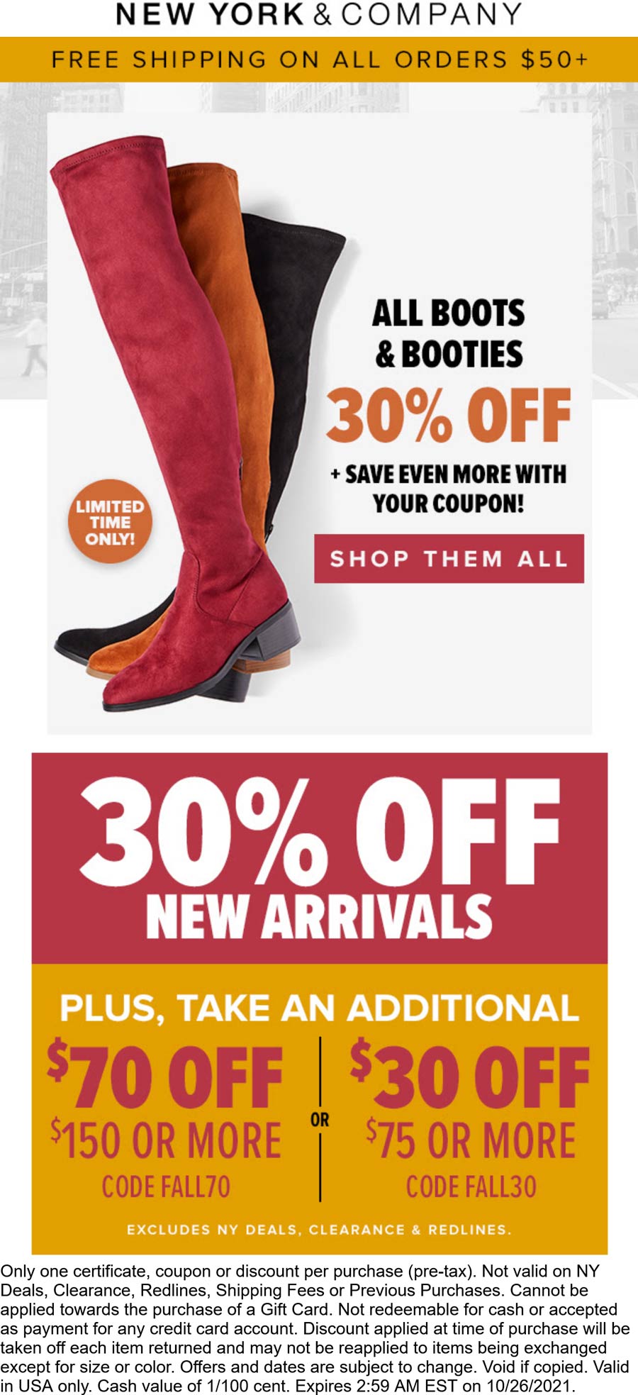 New York & Company stores Coupon  $30-$75 off $75+ & 30% off all boots today at New York & Company via promo code FALL30 #newyorkcompany 