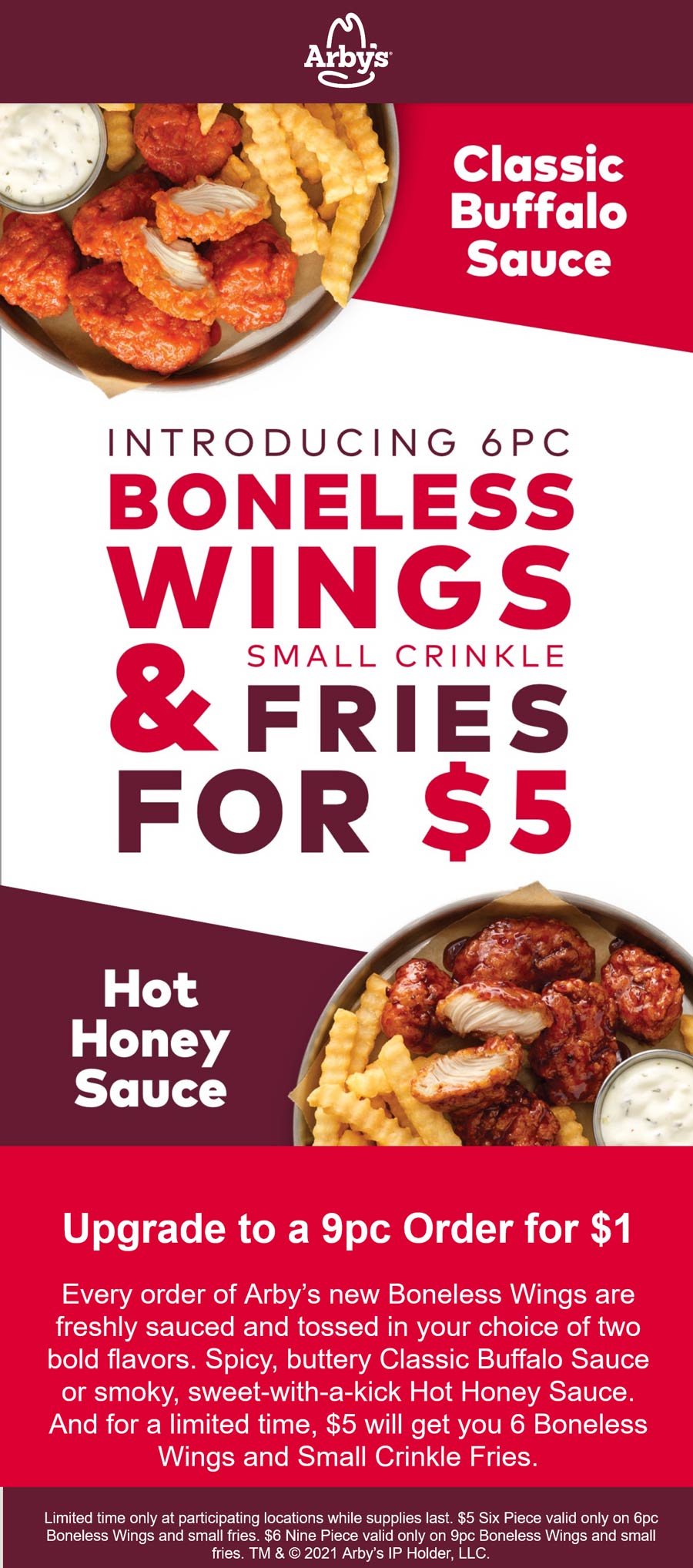 Arbys restaurants Coupon  6pc boneless wings + fries = $5 at Arbys restaurants #arbys 