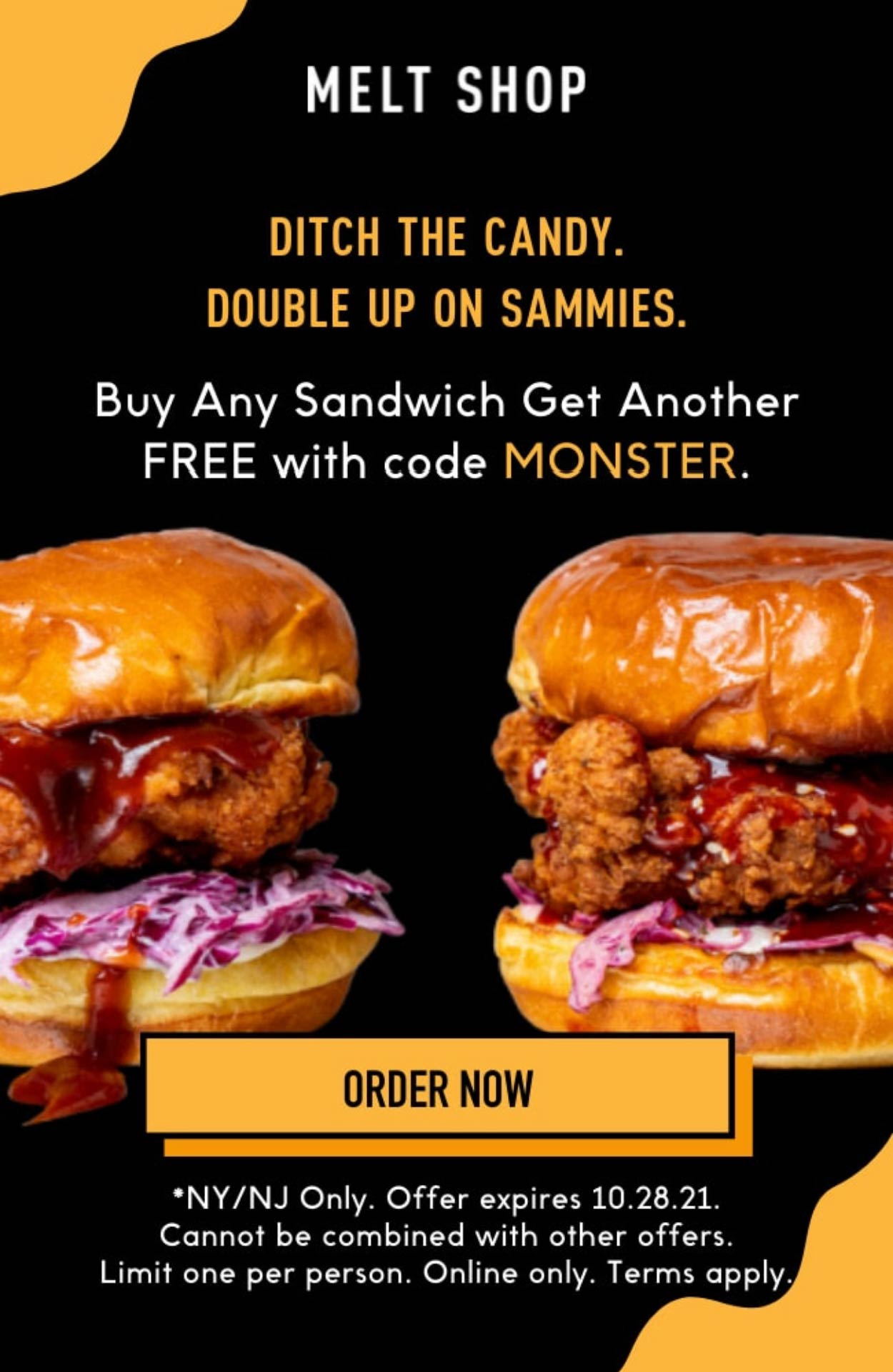 Melt Shop restaurants Coupon  Second sandwich free at Melt Shop via promo code MONSTER #meltshop 