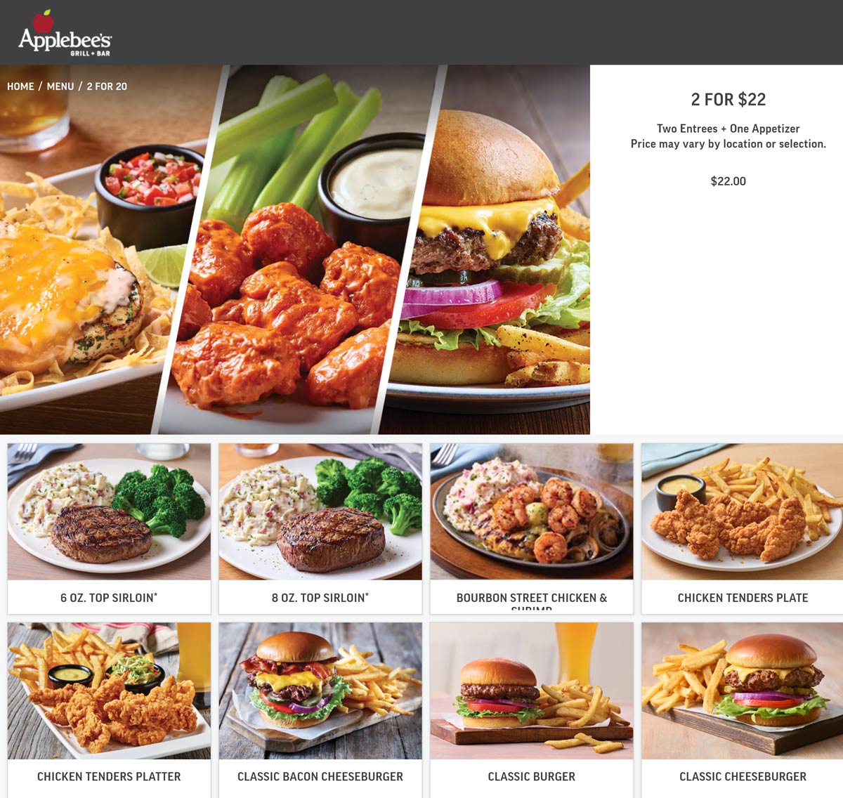 2 entrees + appetizer = 22 at Applebees applebees The Coupons App®