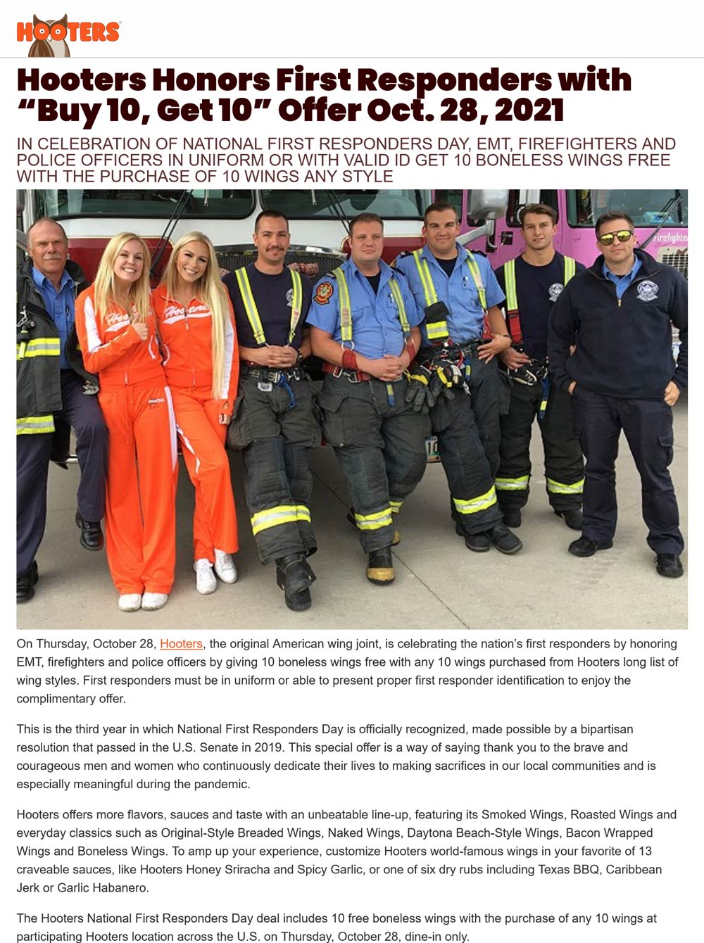 Hooters restaurants Coupon  First responders enjoy 2nd 10pc wings free today at Hooters restaurants #hooters 