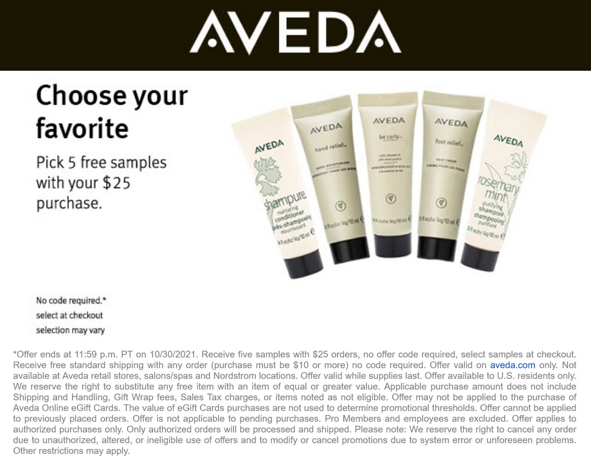 AVEDA stores Coupon  5 favorites free with $25 spent at AVEDA #aveda 