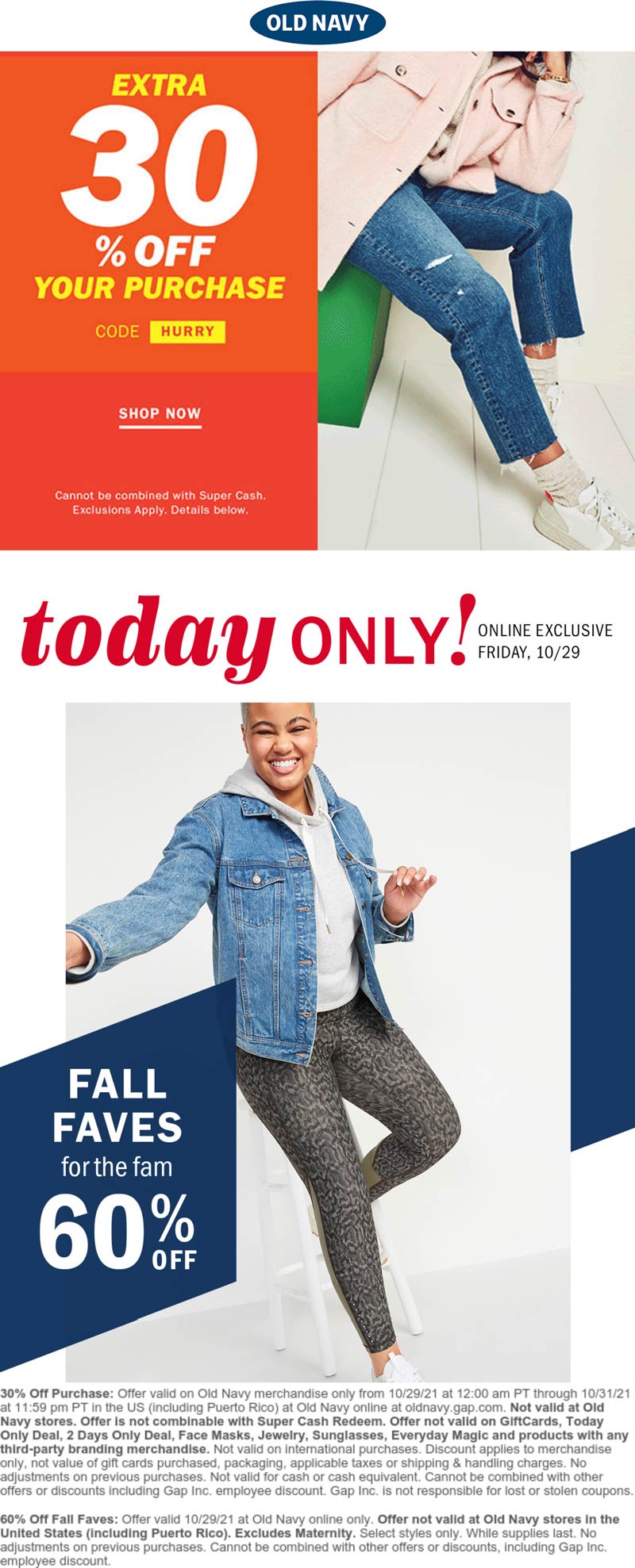 Old Navy stores Coupon  60% off Fall faves & more online today at Old Navy via promo code HURRY #oldnavy 