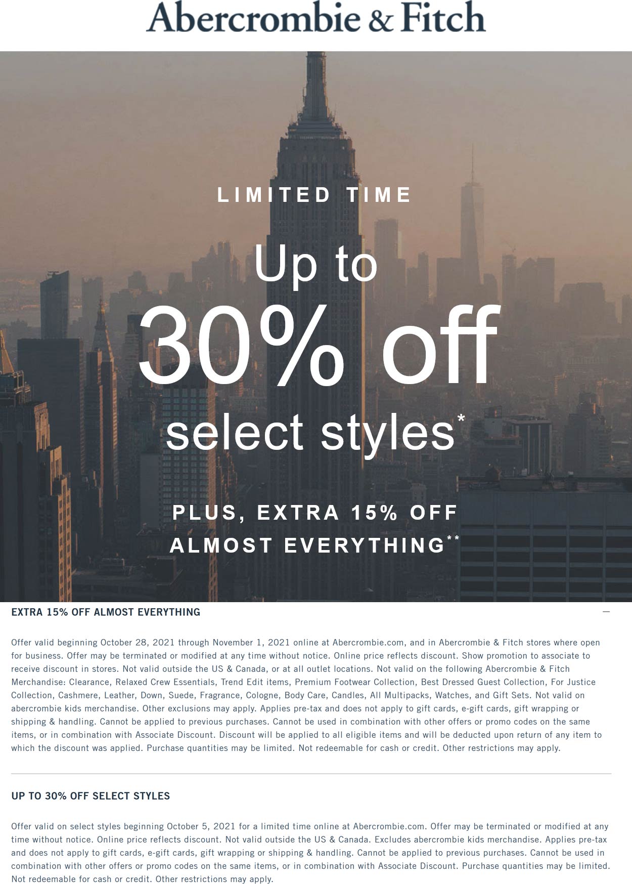 Abercrombie & Fitch stores Coupon  15-30% off everything at Abercrombie & Fitch, ditto online #abercrombiefitch 