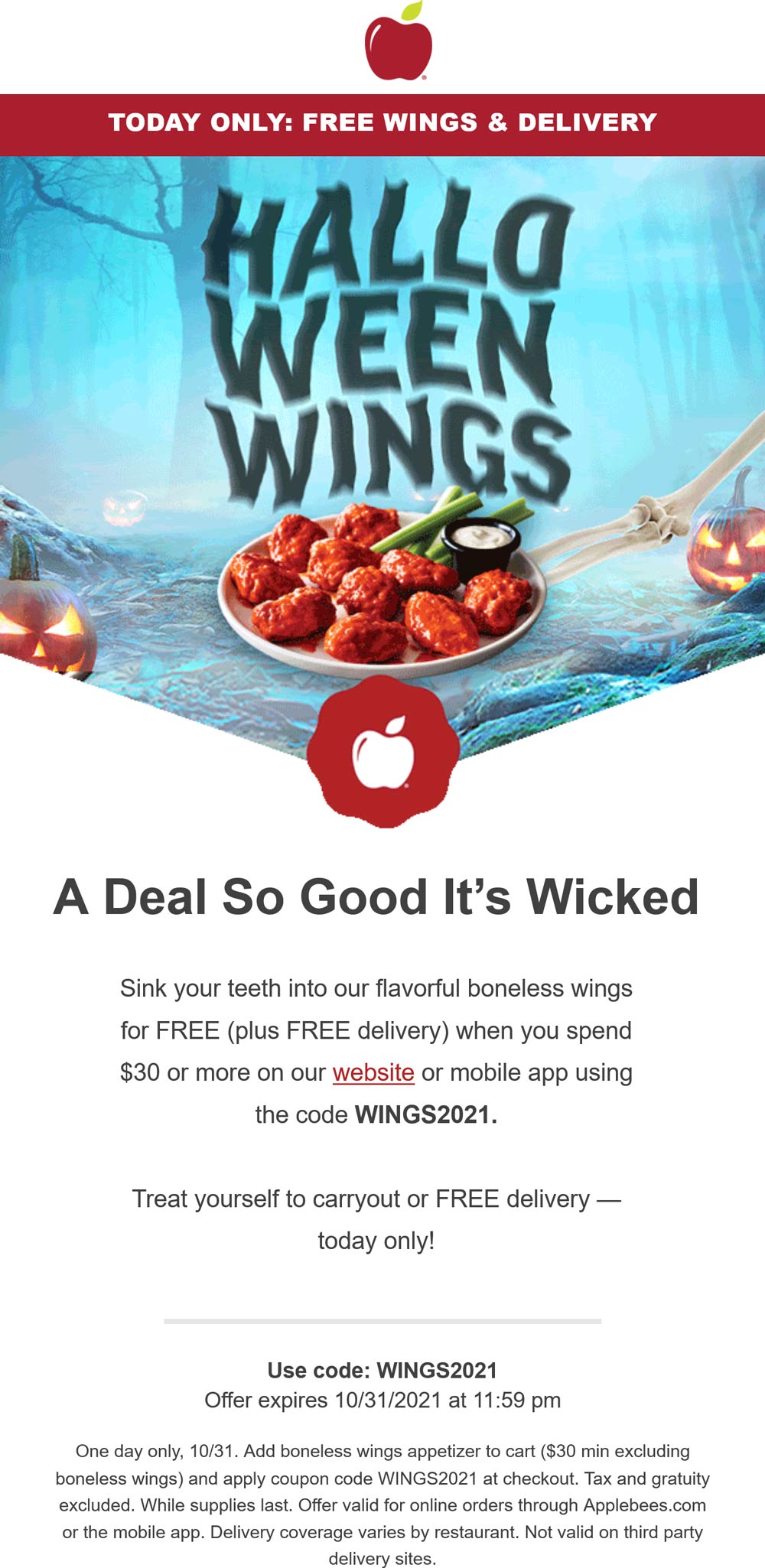 Applebees restaurants Coupon  Free boneless wings appetizer & delivery with $30 today at Applebees via promo code WINGS2021 #applebees 
