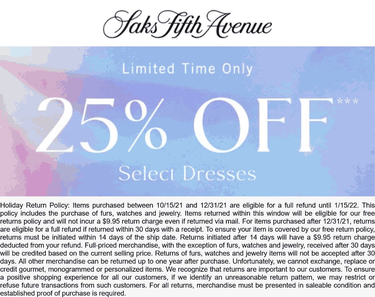 Saks Fifth Avenue stores Coupon  25% off dresses at Saks Fifth Avenue #saksfifthavenue 