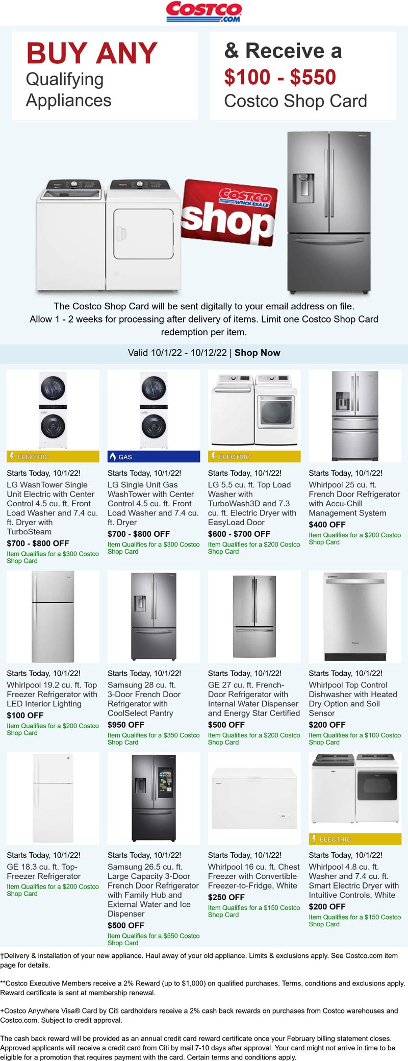 Costco stores Coupon  $100-$550 card on appliances at Costco, ditto online #costco 