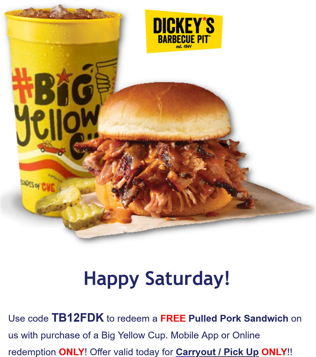 Dickeys Barbecue Pit restaurants Coupon  Free pulled pork sandwich with your drink today at Dickeys Barbecue Pit via promo code TB12FDK #dickeysbarbecuepit 