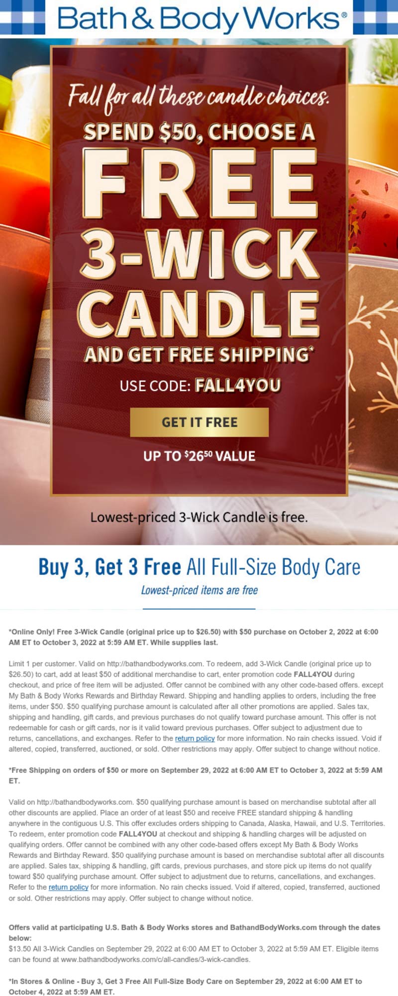 Bath & Body Works stores Coupon  Free 3-wick candle on $50 spent online today at Bath & Body Works #bathbodyworks 