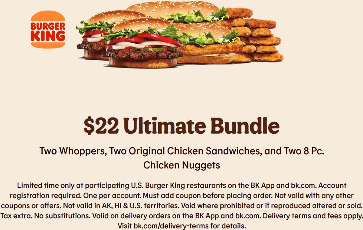 Burger King restaurants Coupon  2 whoppers + 2 chicken sandwiches + 2 8pc nuggets = $22 at Burger King #burgerking 