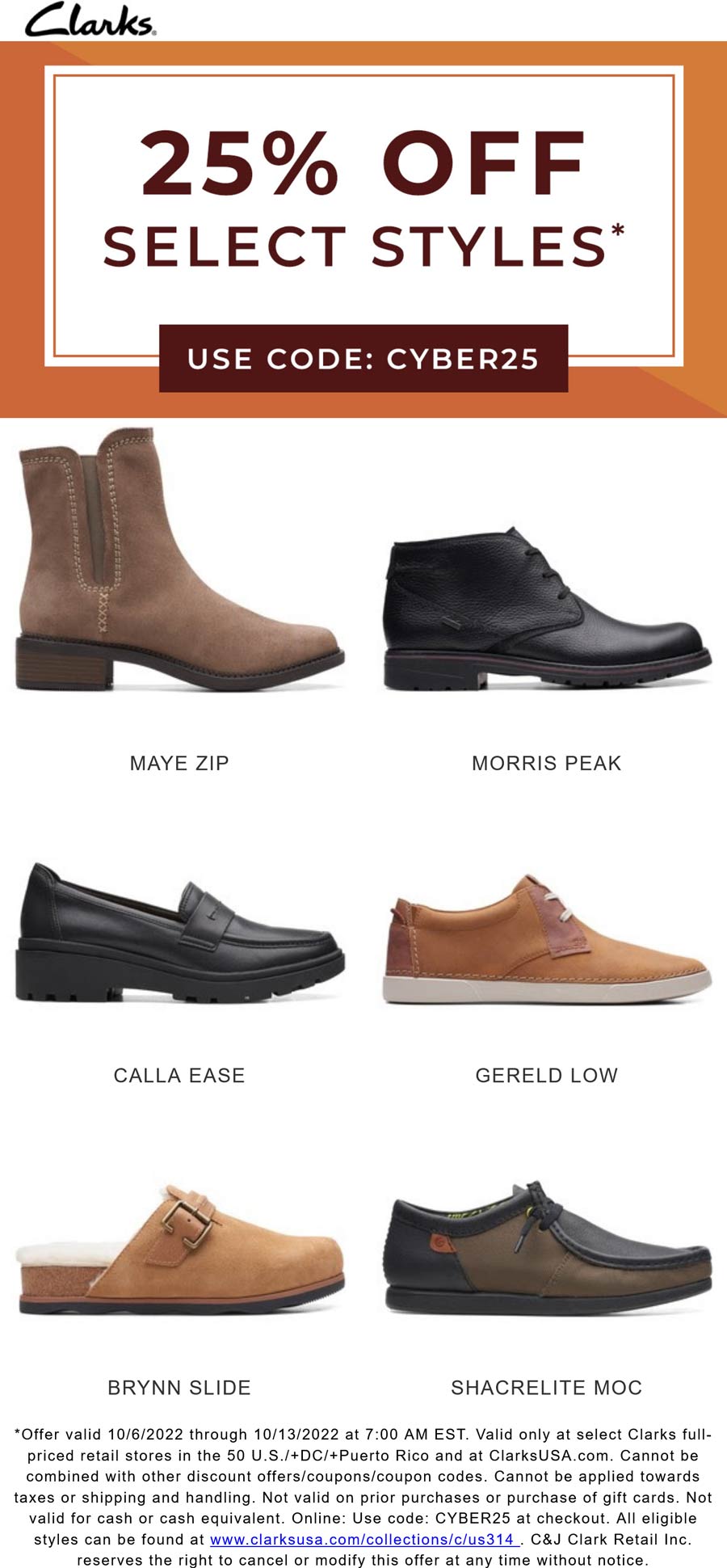 Clarks stores Coupon  25% off at Clarks shoes via promo code CYBER25 #clarks 