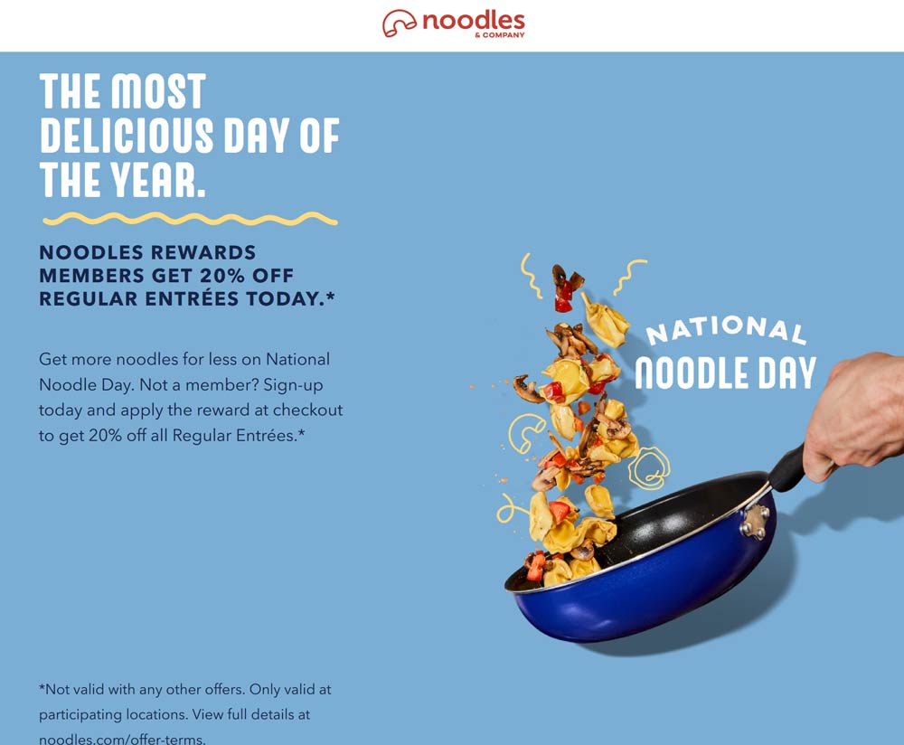 Noodles & Company restaurants Coupon  20% off your entree online today at Noodles & Company #noodlescompany 