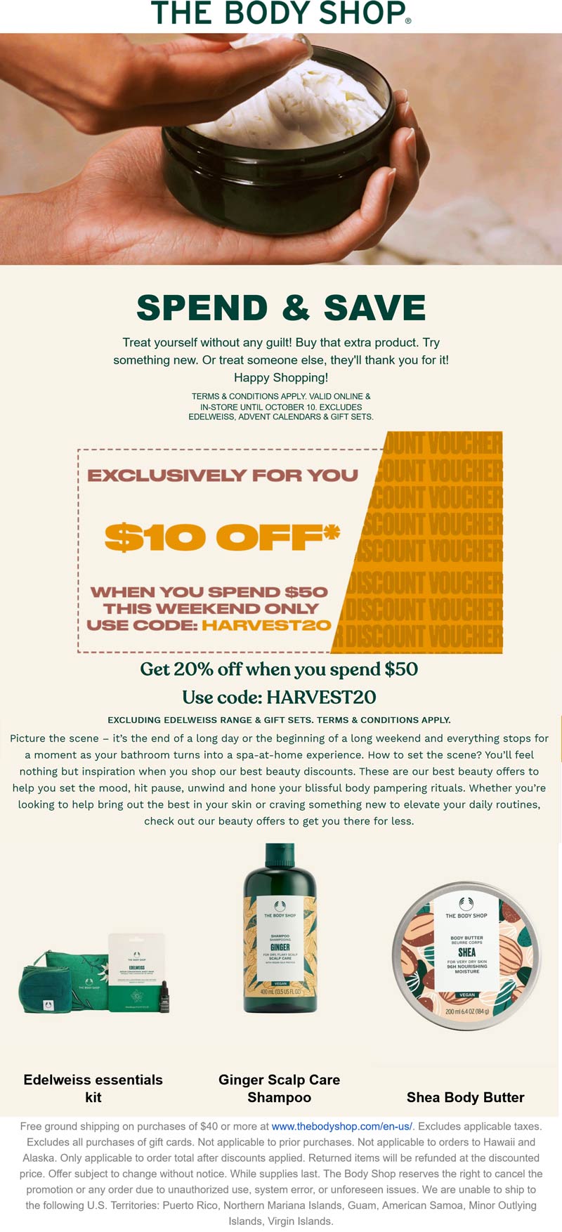 The Body Shop stores Coupon  20% off $50 at The Body Shop via promo code HARVEST20 #thebodyshop 