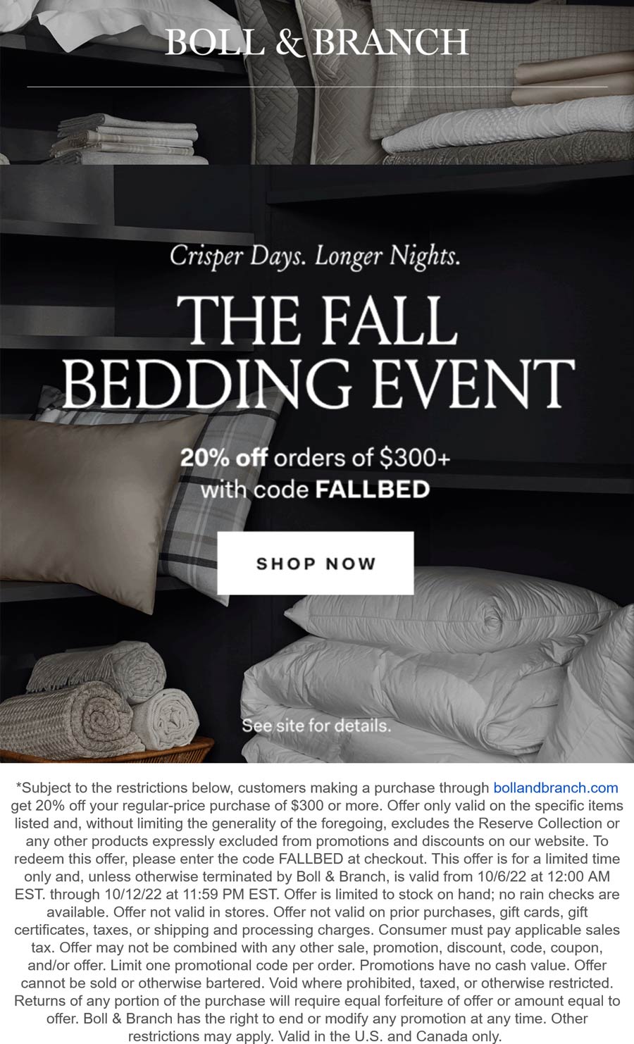 Boll & Branch stores Coupon  20% off $300 at Boll & Branch via promo code FALLBED #bollbranch 