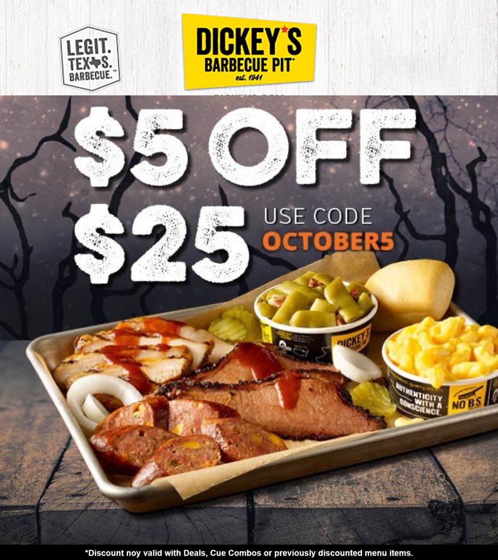 Dickeys Barbecue Pit restaurants Coupon  $5 off $25 at Dickeys Barbecue Pit restaurants via promo code OCTOBER5 #dickeysbarbecuepit 