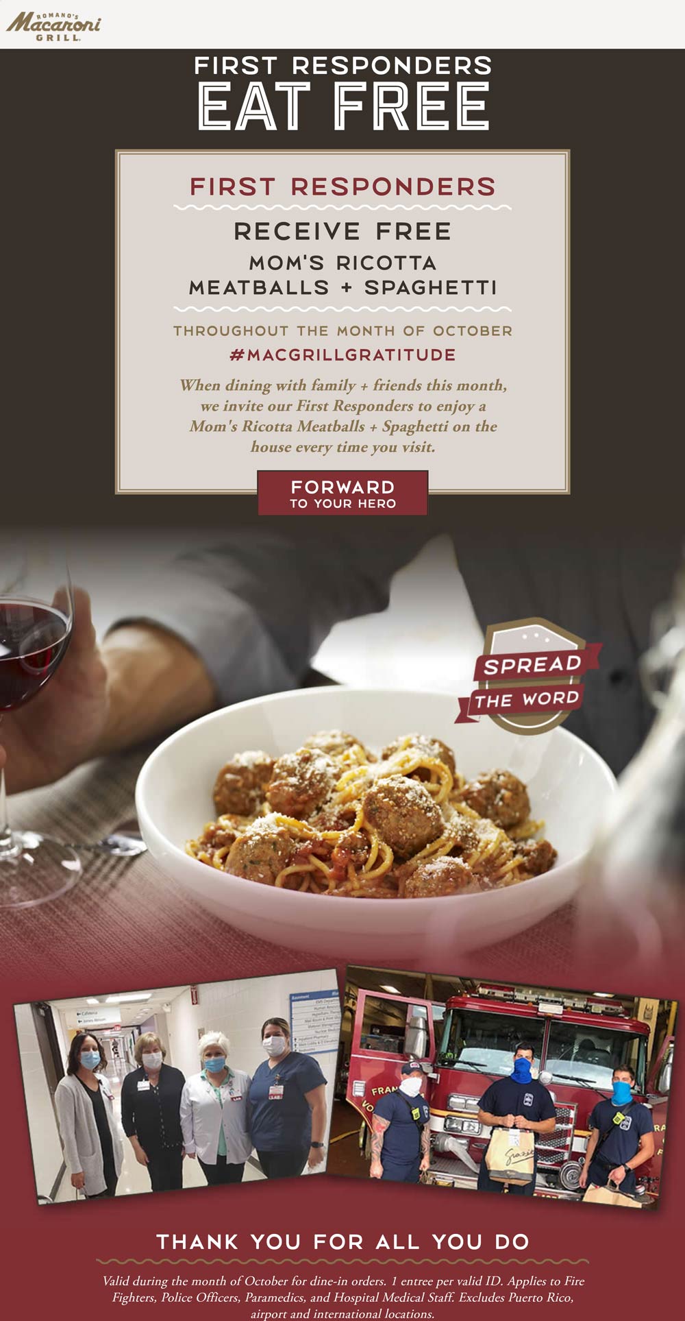 Macaroni Grill restaurants Coupon  First responders & medical enjoy a month of free ricotta spaghetti & meatballs at Macaroni Grill #macaronigrill 