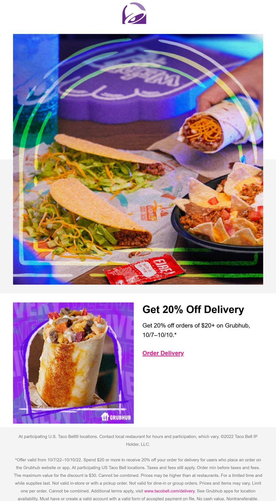 Taco Bell restaurants Coupon  20% off your delivery order at Taco Bell #tacobell 