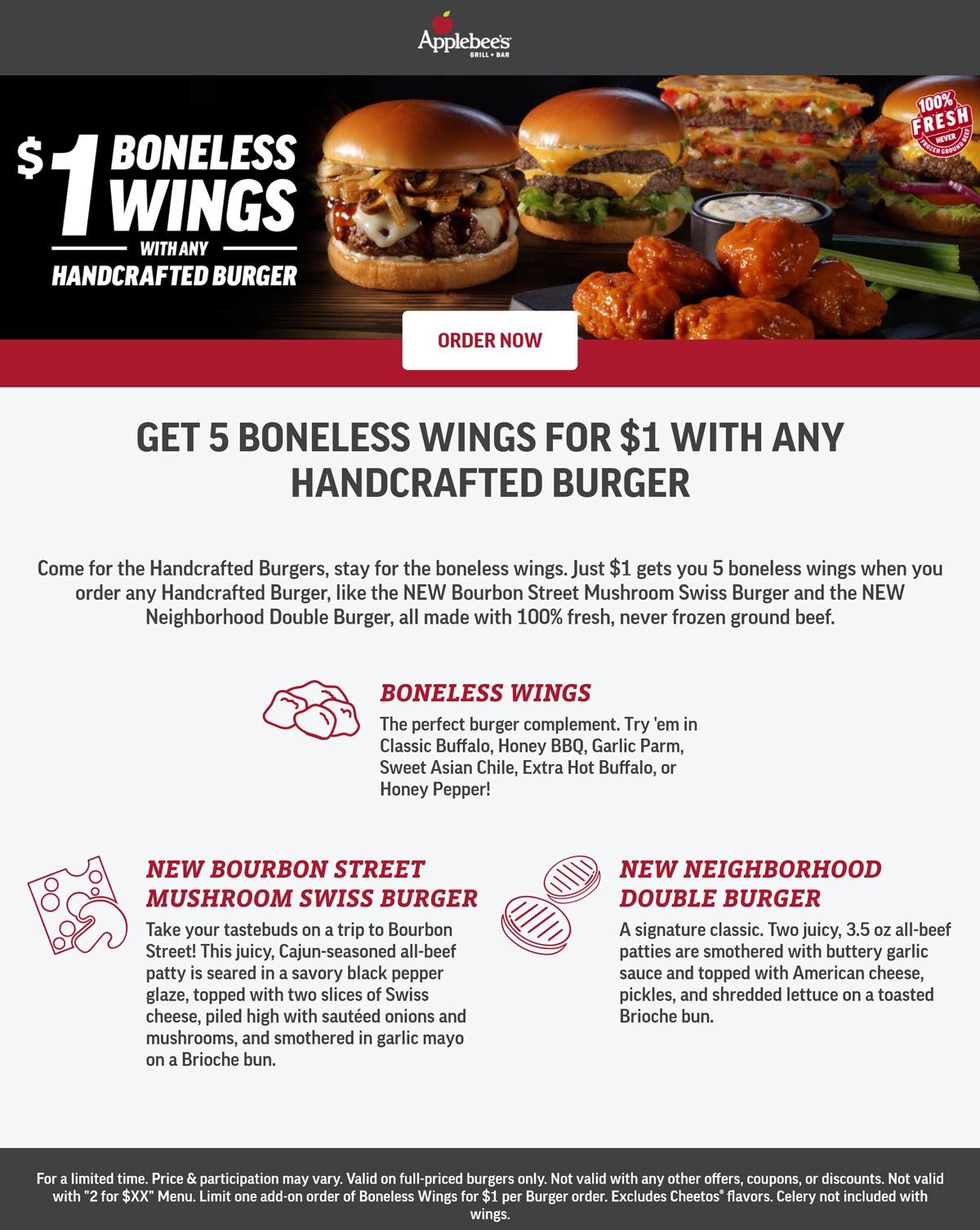 Applebees restaurants Coupon  $1 chicken wings with your burger at Applebees #applebees 