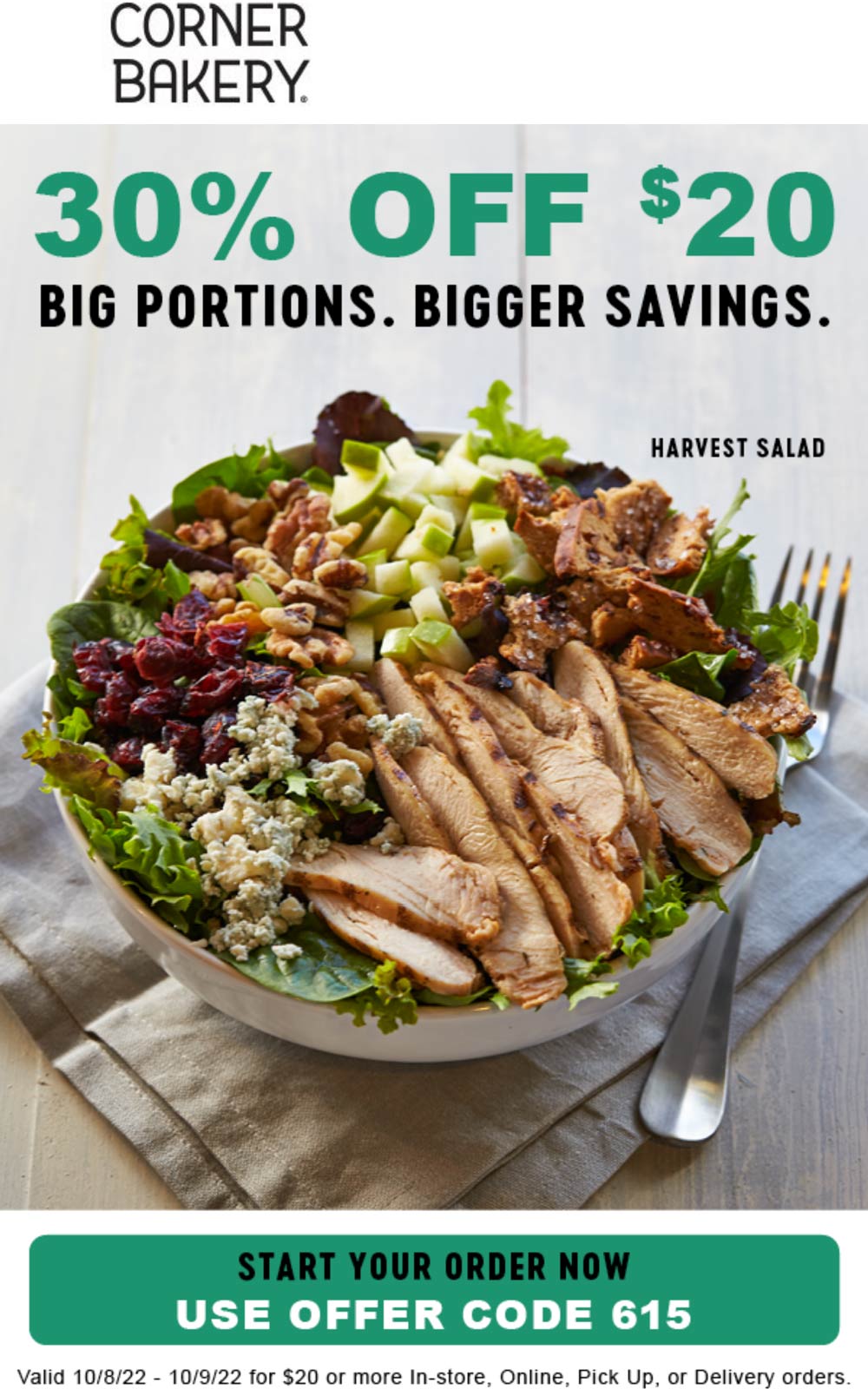 Corner Bakery restaurants Coupon  30% off $20+ today at Corner Bakery restaurants #cornerbakery 