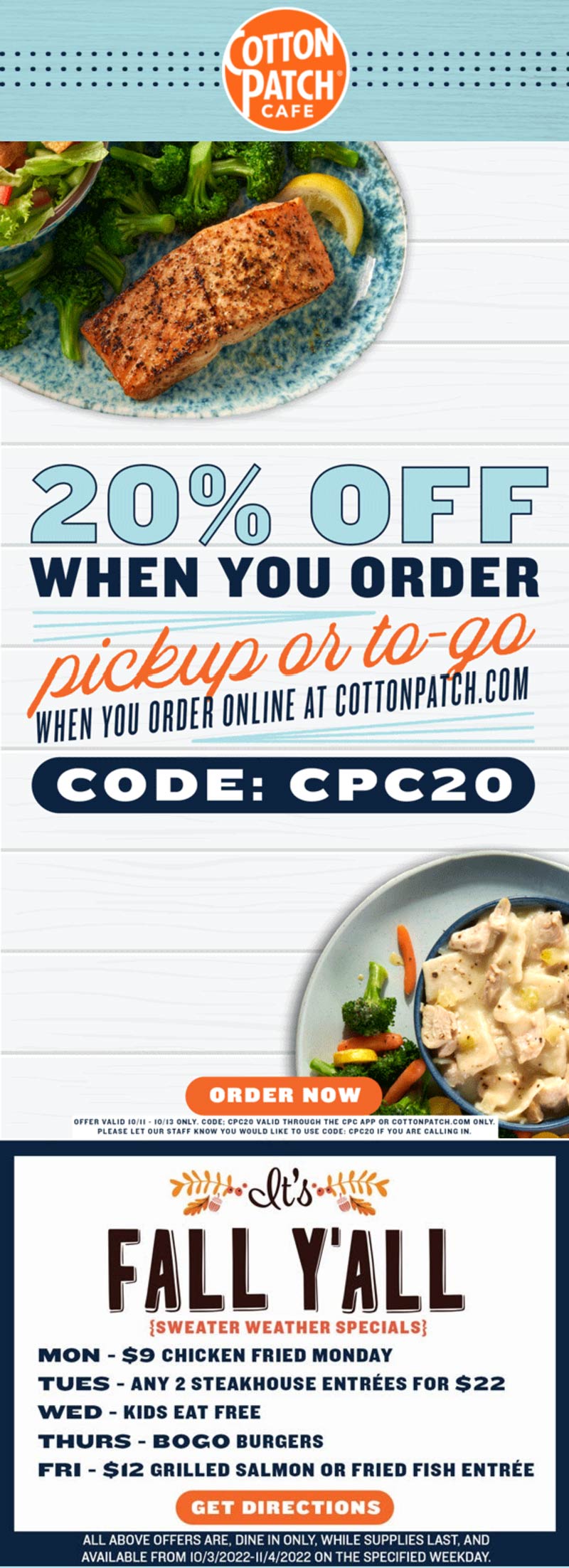 Cotton Patch Cafe restaurants Coupon  20% off takeout at Cotton Patch Cafe restaurants via promo code CPC20 #cottonpatchcafe 