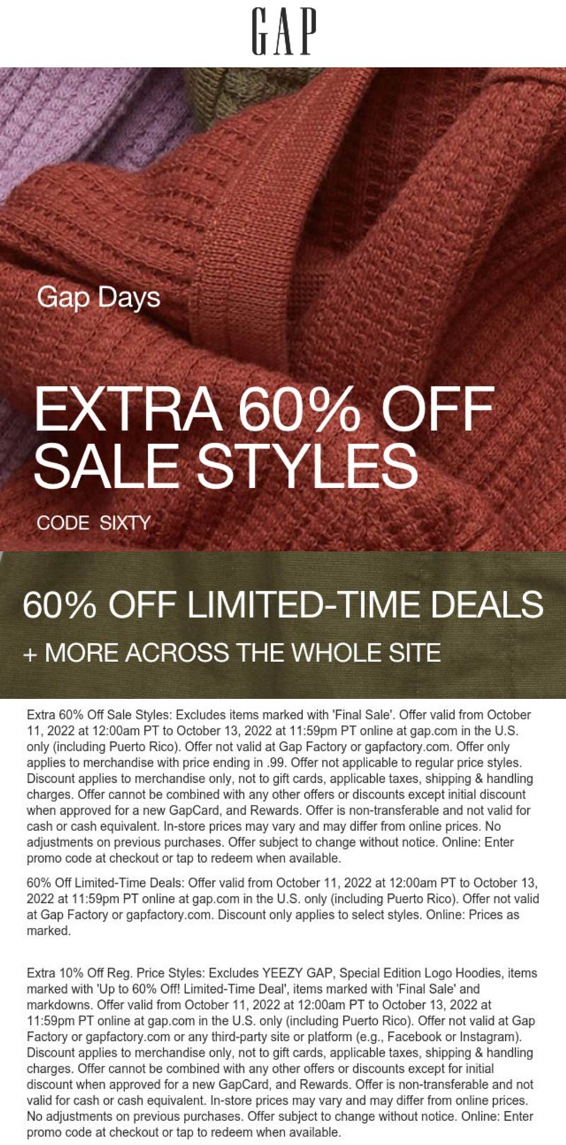 Gap stores Coupon  Exra 60% off sale styles at Gap via promo code SIXTY #gap 