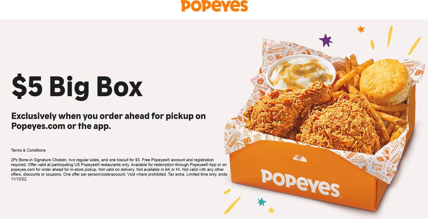 2pc chicken + 2 sides + biscuit = $5 at Popeyes restaurants #popeyes ...